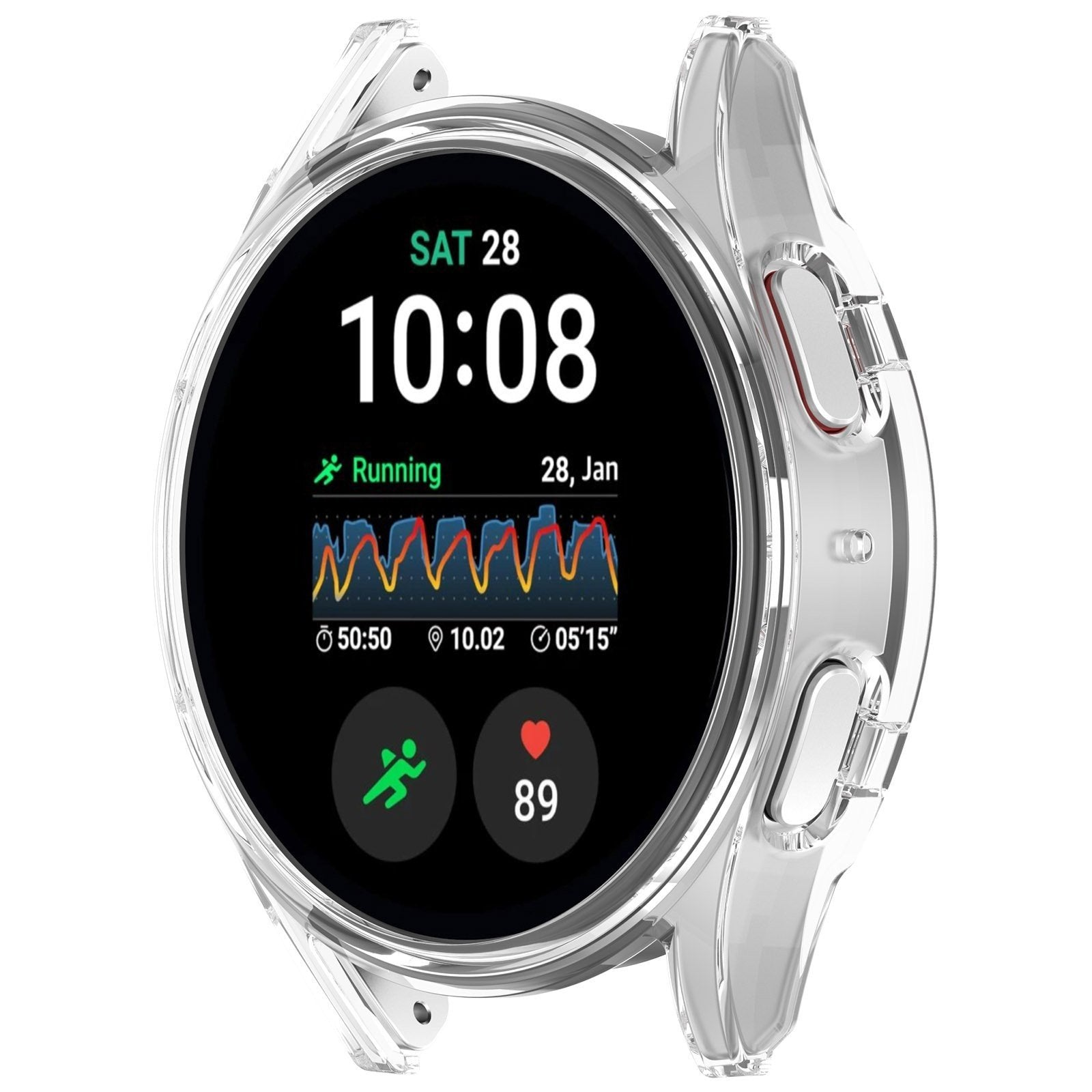 Smartwatch mit durchsichtigem Gehäuse, die Laufdaten anzeigt: Zeit, Datum, Herzfrequenz und Aktivitätsdiagramm. Der Bildschirm zeigt Zeit, Datum und Herzfrequenz.