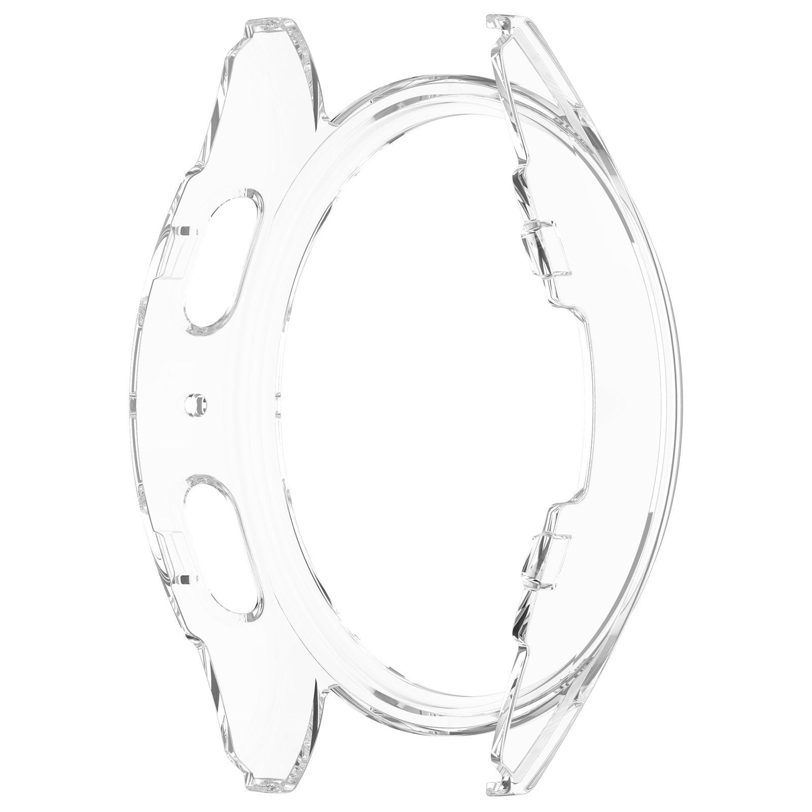 Transparente Schutzhülle für Smartwatch, Kunststoff. Gebogene Form, Aussparungen für Knöpfe und Bildschirm.