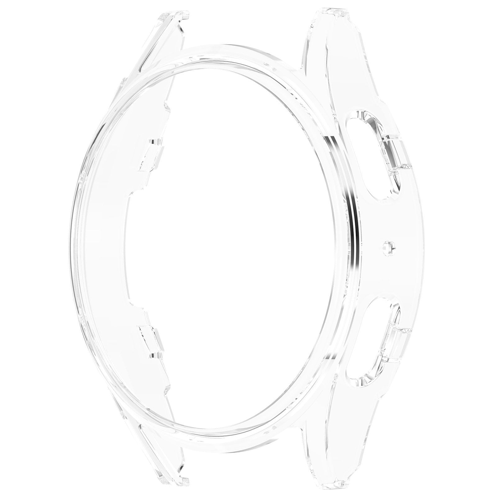 Eine klare, transparente Uhrenhülle. Sie hat eine kreisförmige Form mit Aussparungen für Knöpfe und Riemen. Sie befindet sich auf weißem Hintergrund.