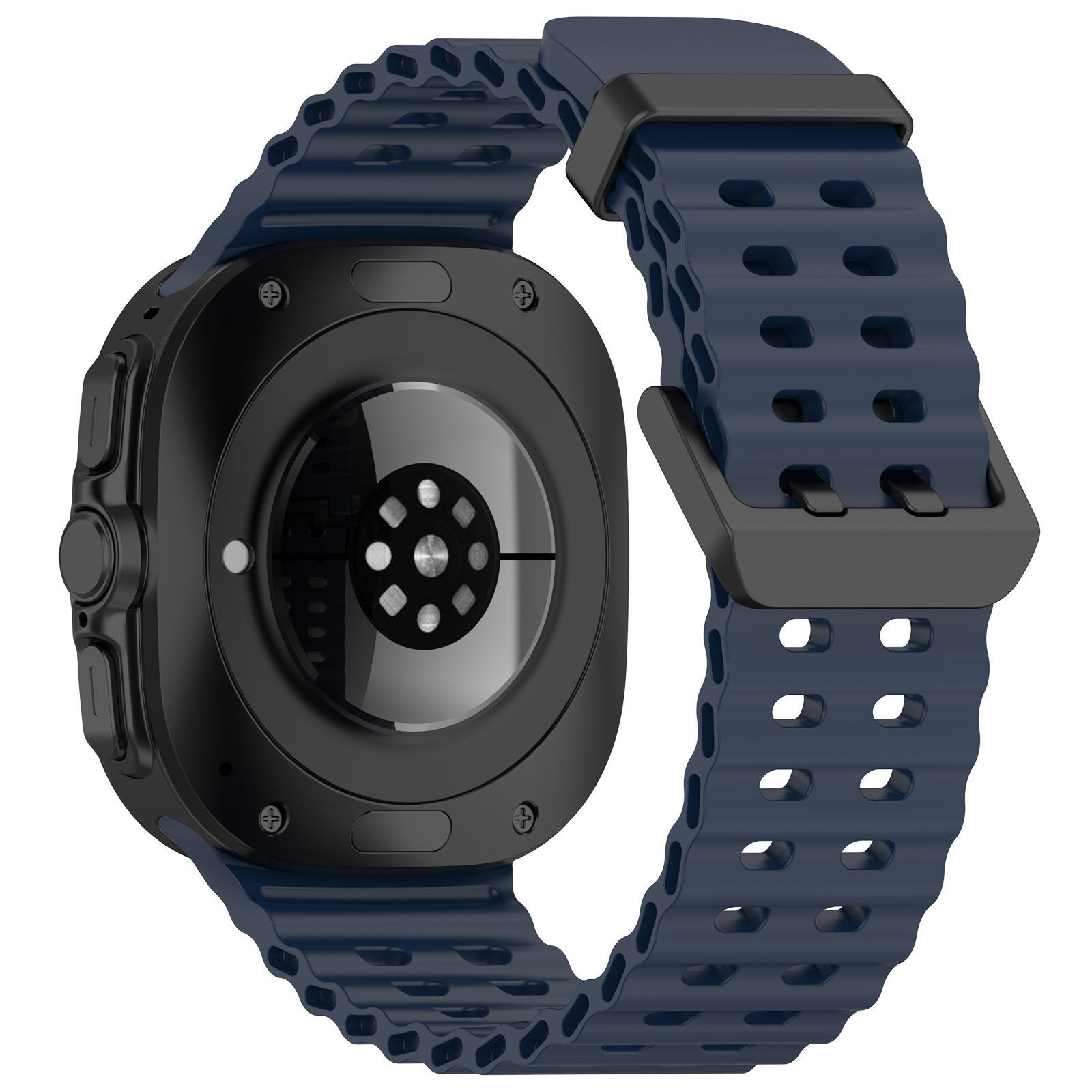 Nahaufnahme einer schwarzen Smartwatch mit blauem Armband. Das Armband hat Löcher und die Uhr Sensoren auf der Rückseite.