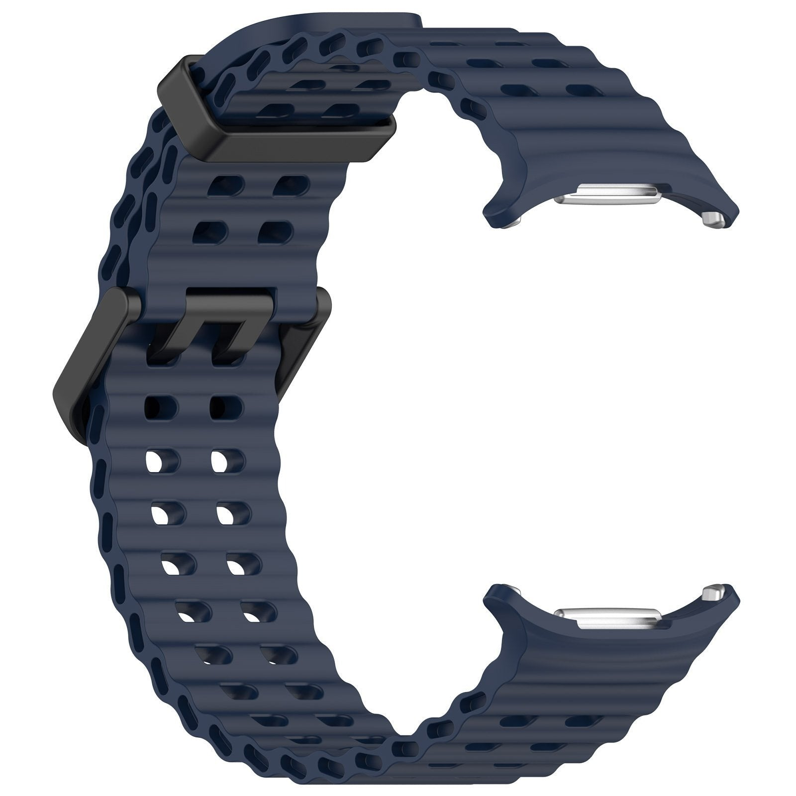 Ein marineblaues Uhrenarmband mit schwarzen Verschlüssen. Das Band hat eine strukturierte Oberfläche mit Löchern.