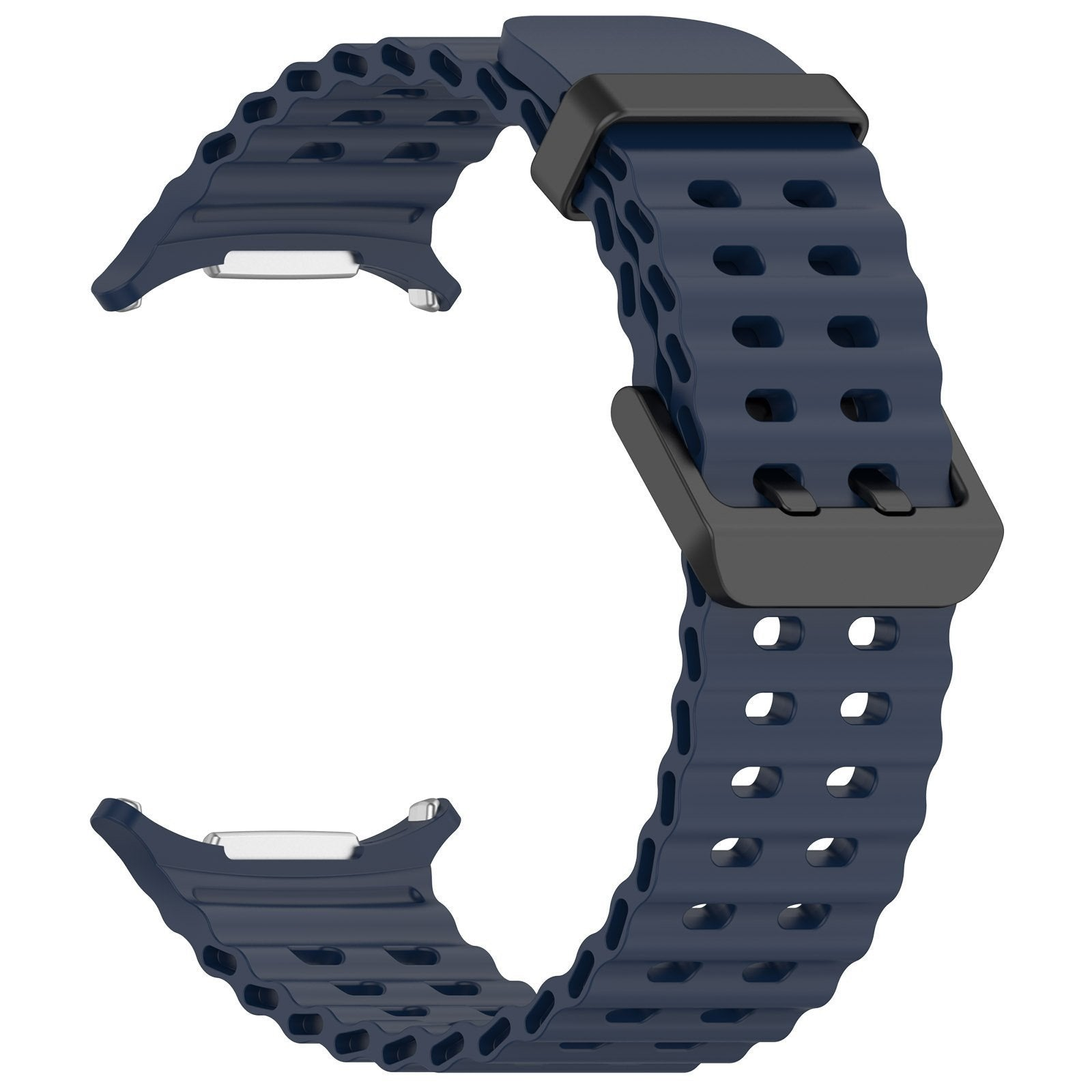 Ein dunkelblaues Uhrenarmband mit schwarzer Schnalle. Das Armband hat Löcher und ein wellenförmiges Design.