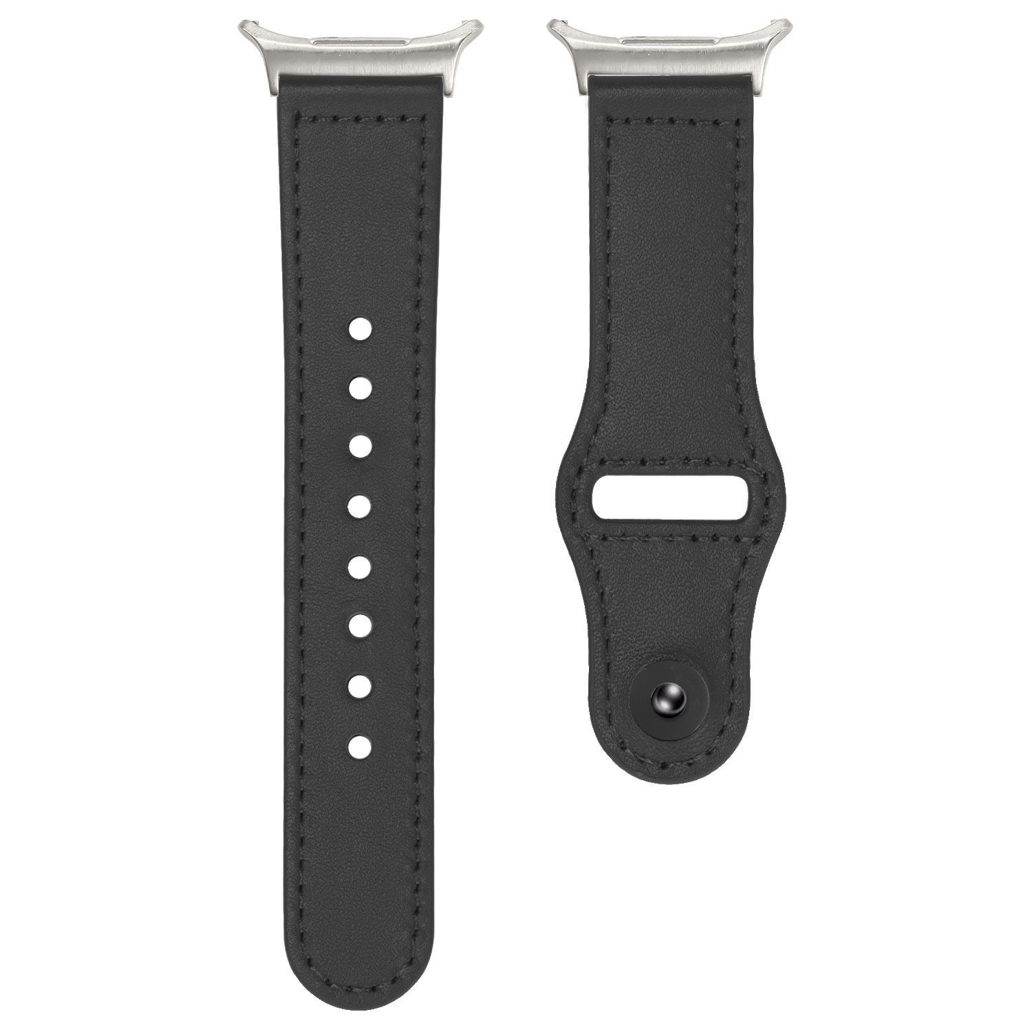 Zwei schwarze Leder-Armbänder. Eines hat Löcher, das andere eine Schnalle. Beide haben silberne Verschlüsse.