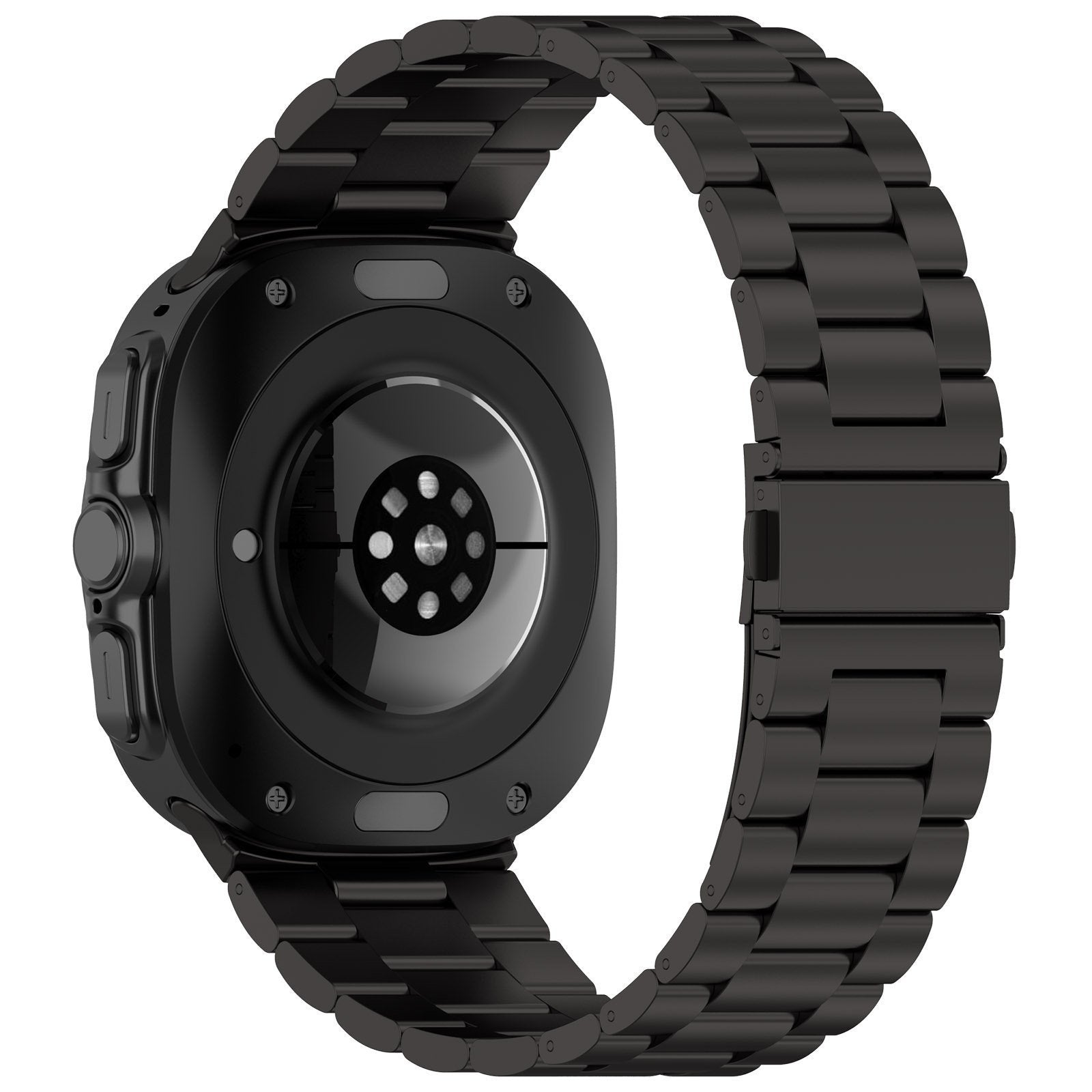 Schwarze Smartwatch mit Metallarmband. Das Zifferblatt ist sichtbar, zusammen mit der Schließe und einem Teil des Armbands. Schwarze Farbe.