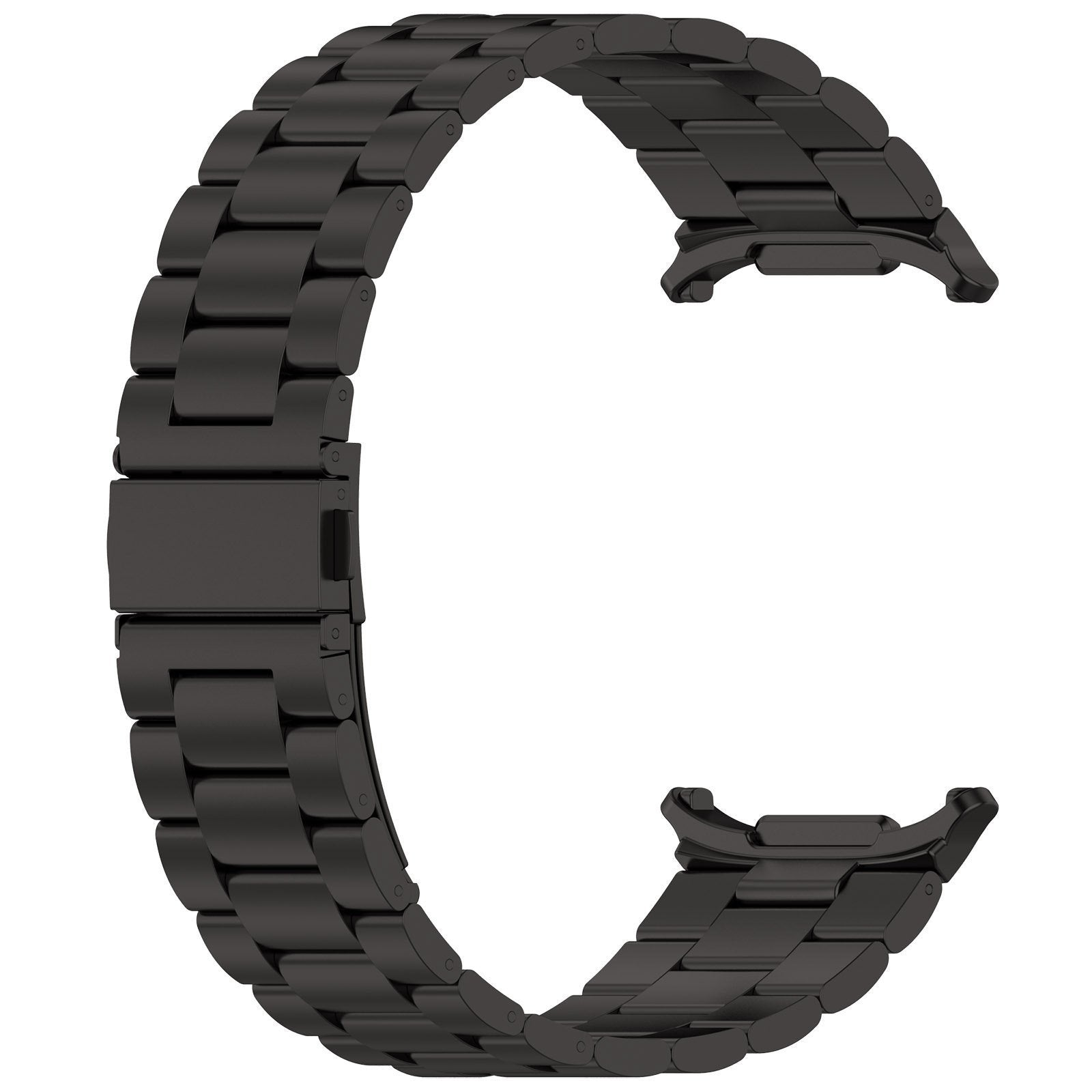 Ein schwarzes Metall-Uhrenarmband vor weißem Hintergrund. Es ist C-förmig gebogen und hat in der Mitte einen Verschluss.