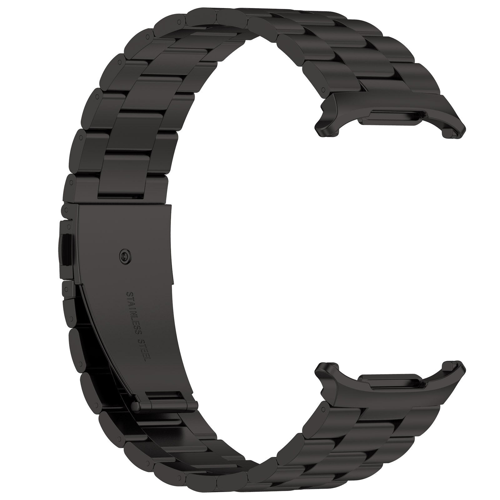 Schwarzes Edelstahl-Uhrenarmband, geschwungenes Design, Glieder sichtbar. Das Band wölbt sich und zeigt Abschnitte und Details.