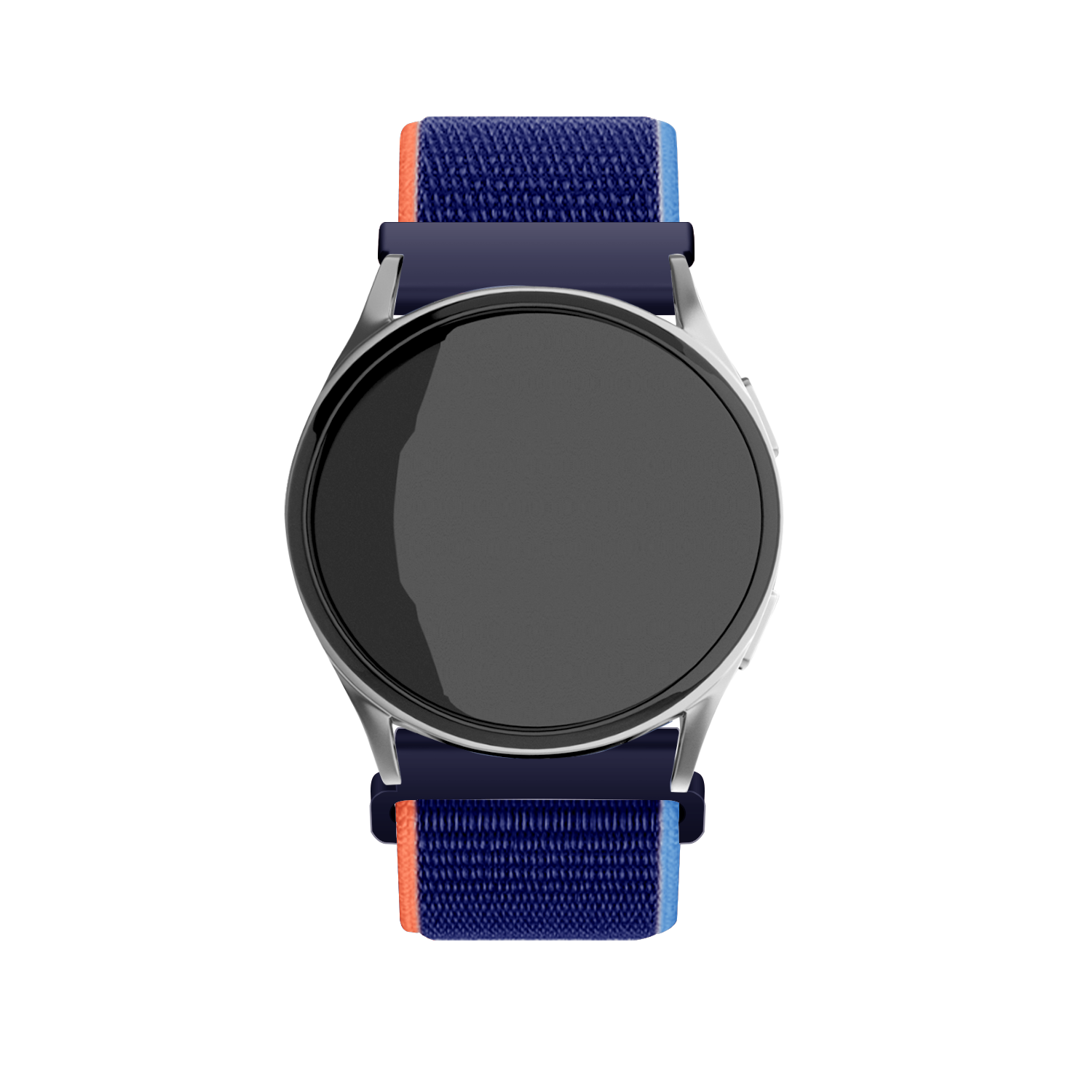 Eine silberne Smartwatch mit schwarzem Bildschirm. Sie hat ein marineblaues und orangefarbenes Armband.