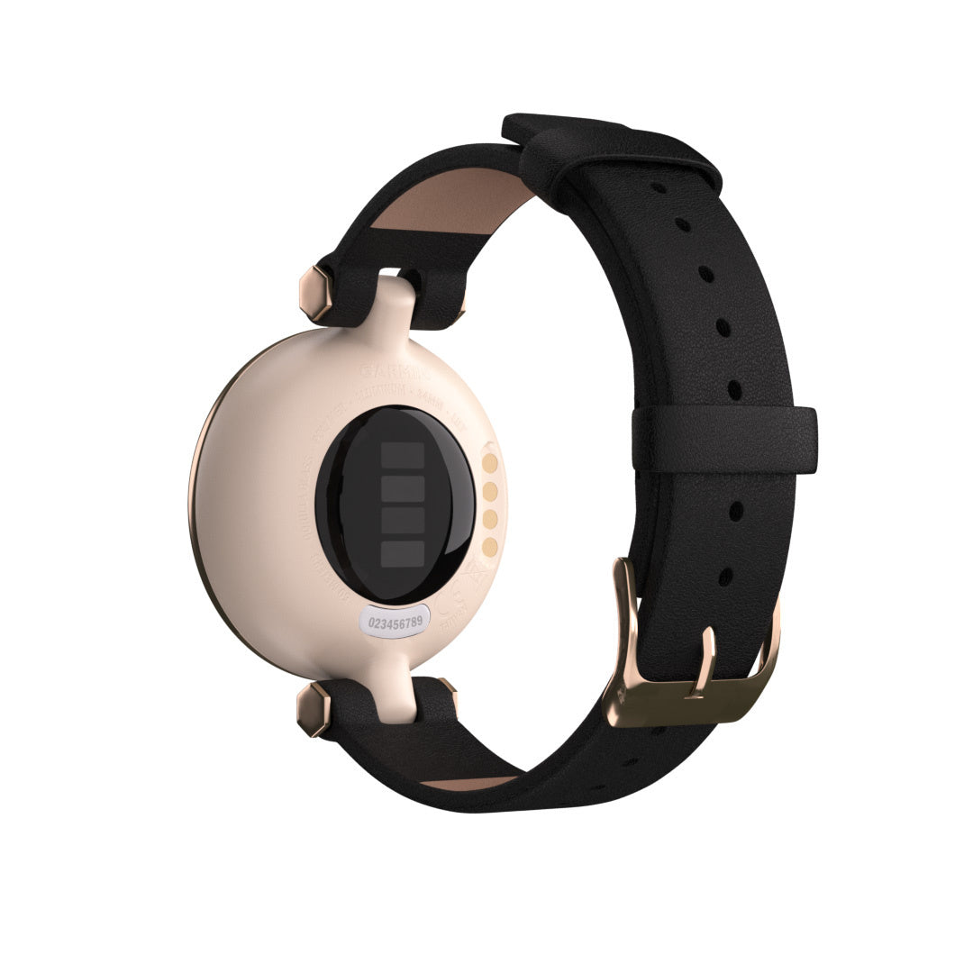 Eine Smartwatch mit schwarzem Lederarmband und goldener Schnalle. Das Zifferblatt ist cremefarben mit schwarzem Display.
