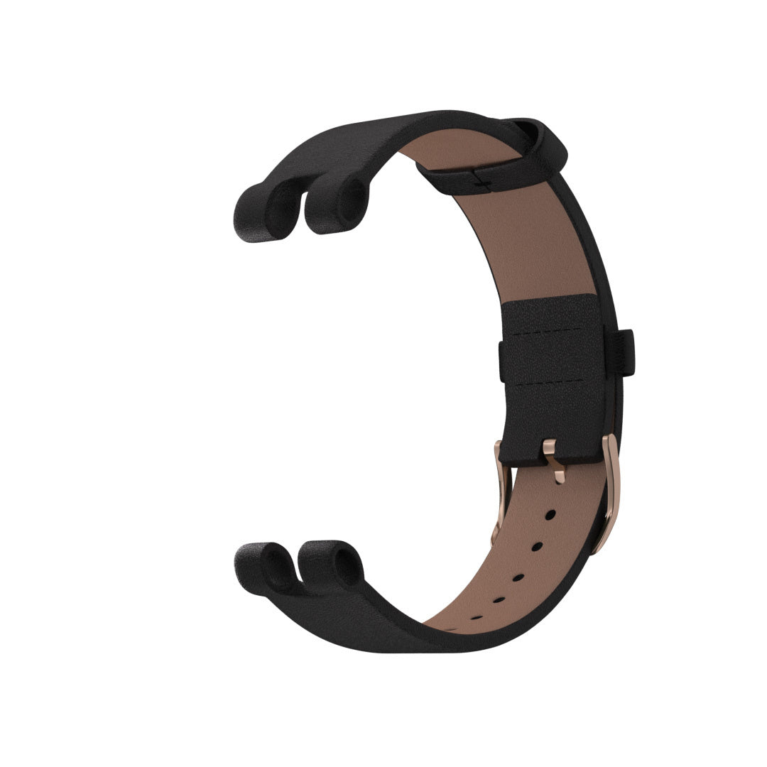 Schwarzes Uhrenarmband mit braunem Innenfutter. Es hat eine goldene Schnalle. Die Enden haben gebogene Teile zur Befestigung.