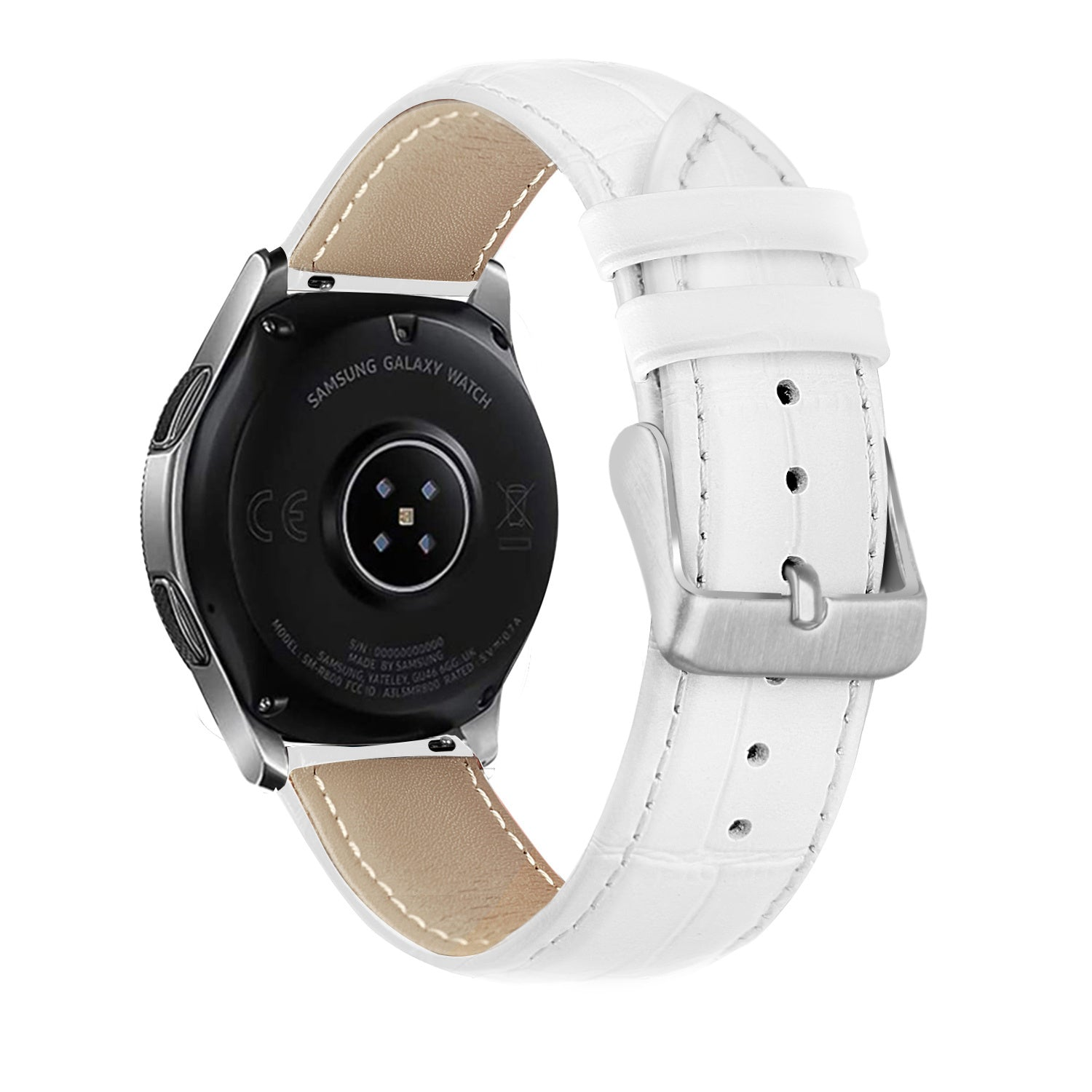Eine weiße Samsung Galaxy Uhr mit weißem Lederarmband. Die Uhr hat eine schwarze Rückseite und eine silberne Schnalle.