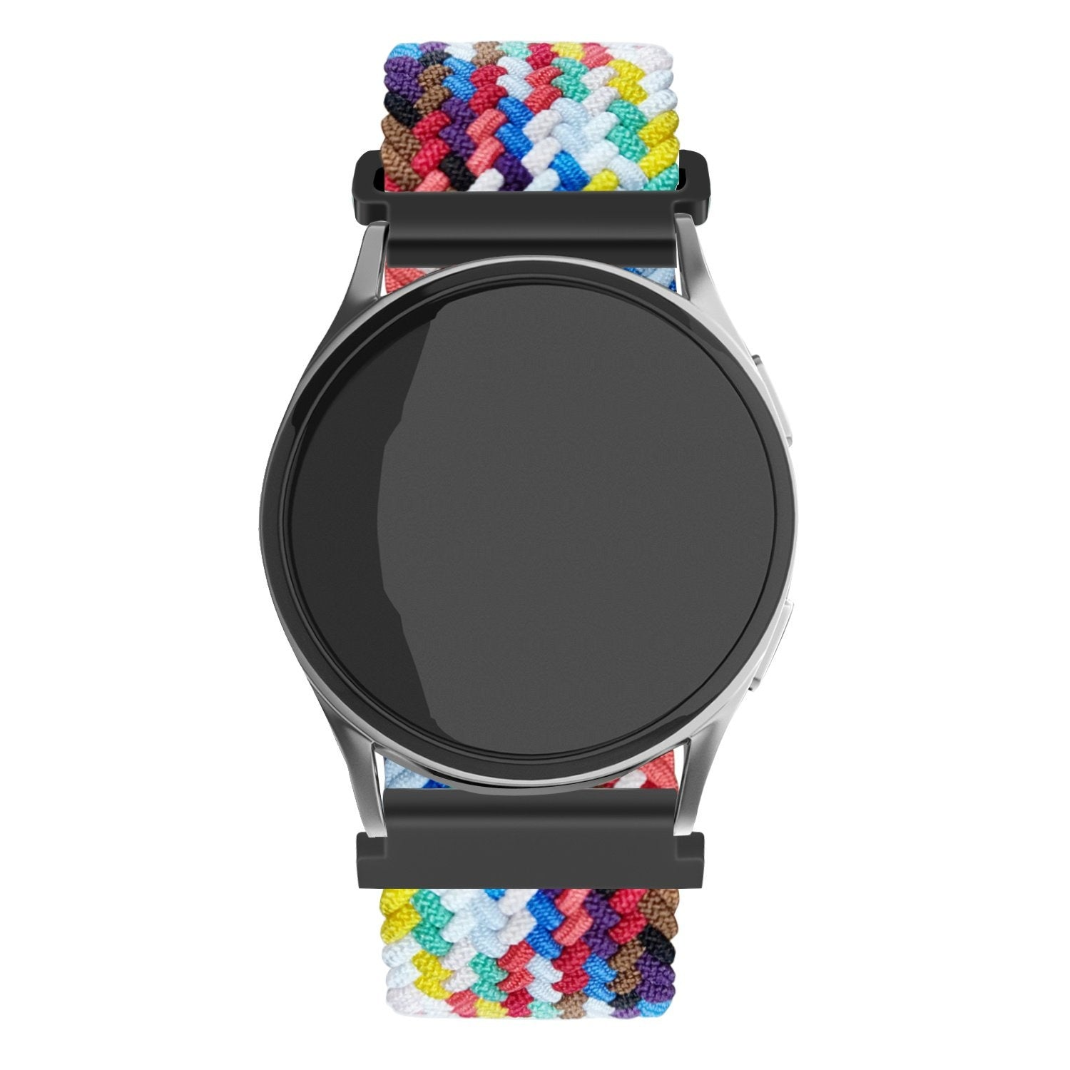Eine Smartwatch mit einem mehrfarbigen geflochtenen Armband. Das Zifferblatt ist schwarz, der Rahmen silber und die Stege schwarz.