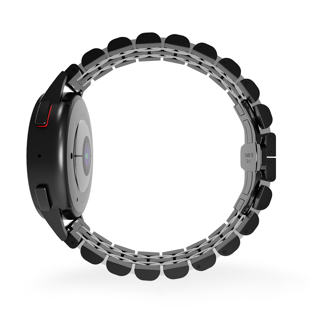 Eine schwarze Smartwatch mit Metallarmband. Die Uhr ist rund, mit schwarzem Gehäuse und roter Taste. Das Band ist silber und schwarz.