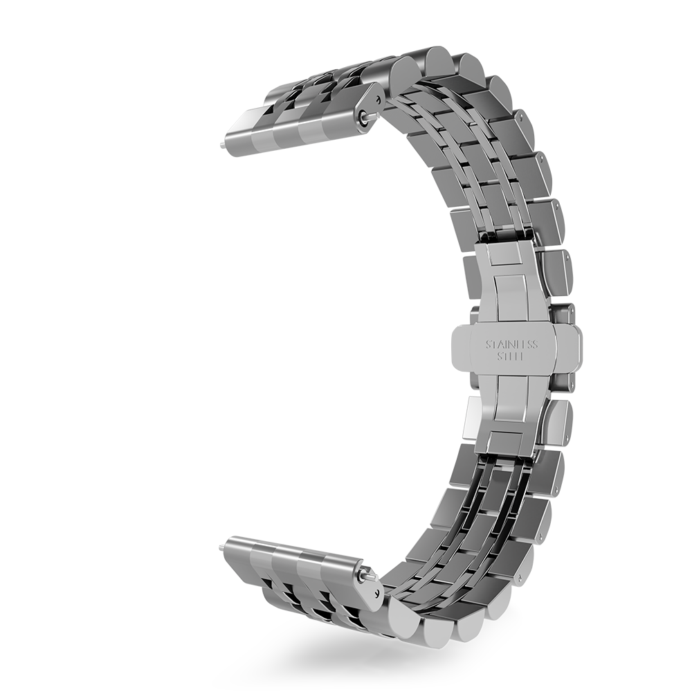 Ein Edelstahl-Uhrenarmband, gebogen und offen, vor weißem Hintergrund. Der Verschluss ist mit 'Stainless Steel' beschriftet.