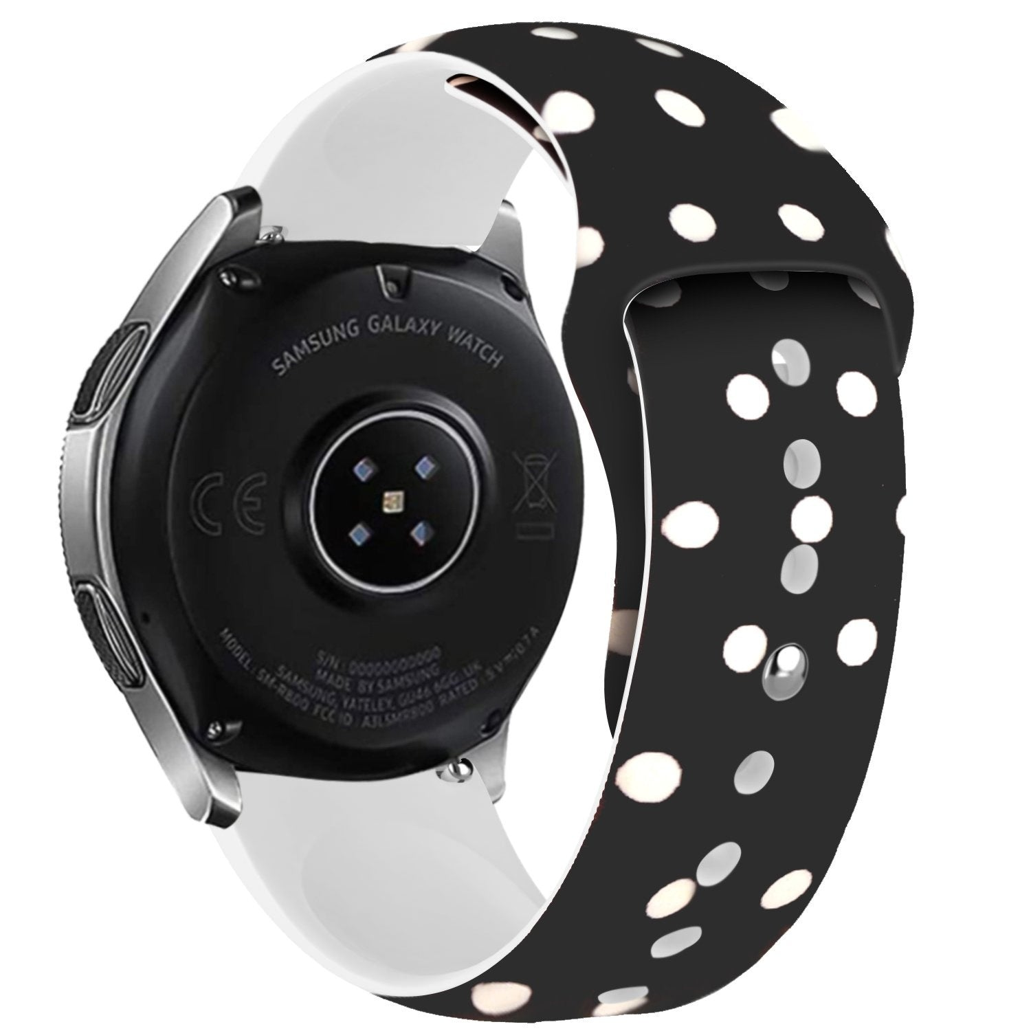 Eine schwarze Samsung Galaxy Watch mit einem schwarzen Band mit weißen Kreisen. Die Uhr zeigt ihre Rückseite mit Text und Logos.