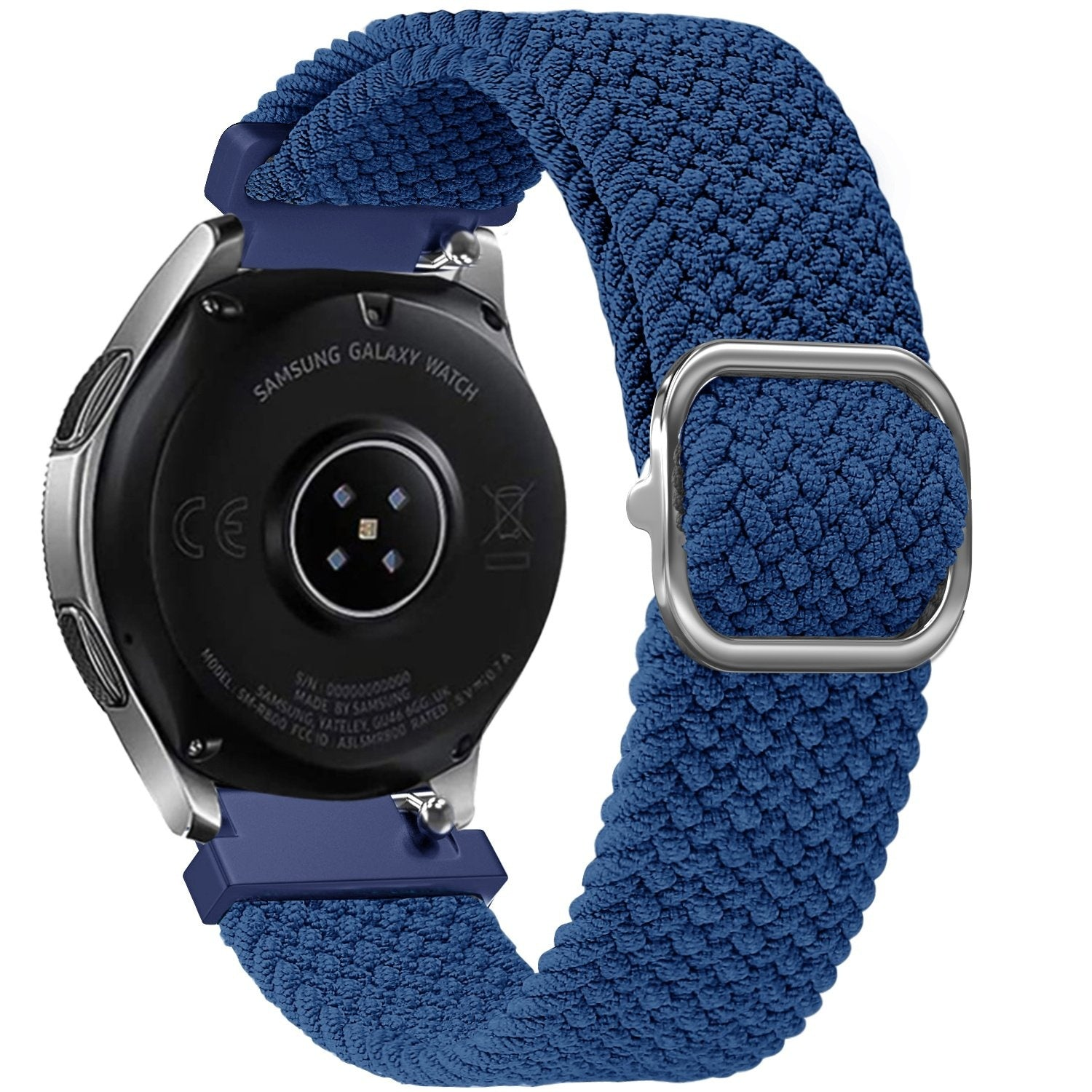 Eine Samsung Galaxy Watch mit blauem geflochtenem Armband. Die Rückseite der Uhr ist sichtbar und zeigt Modell- und Zertifizierungsdetails.