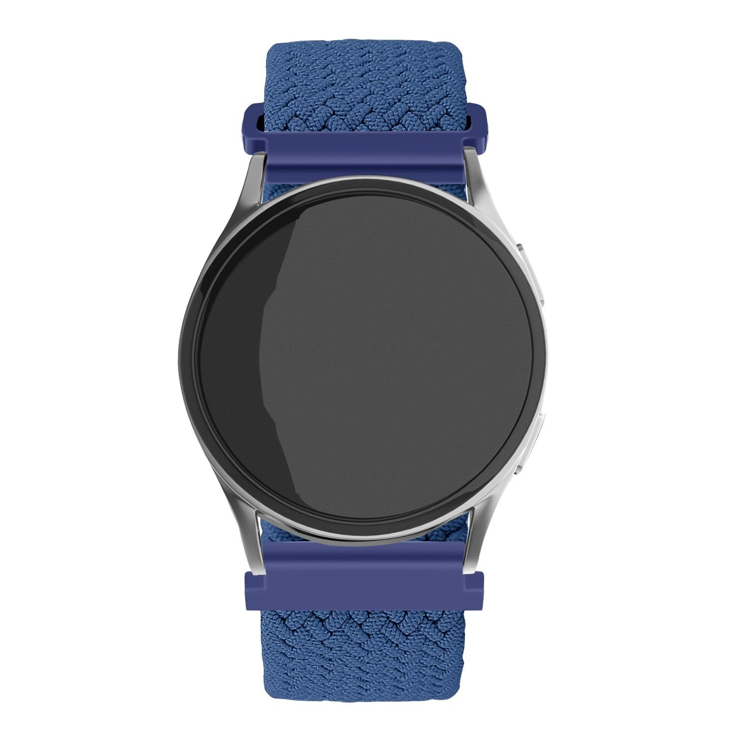 Eine Smartwatch mit rundem, schwarzem Bildschirm, silbernem Rahmen und blauen Armbändern. Die Armbänder bestehen aus gewebtem Stoff. Der Hintergrund ist weiß.