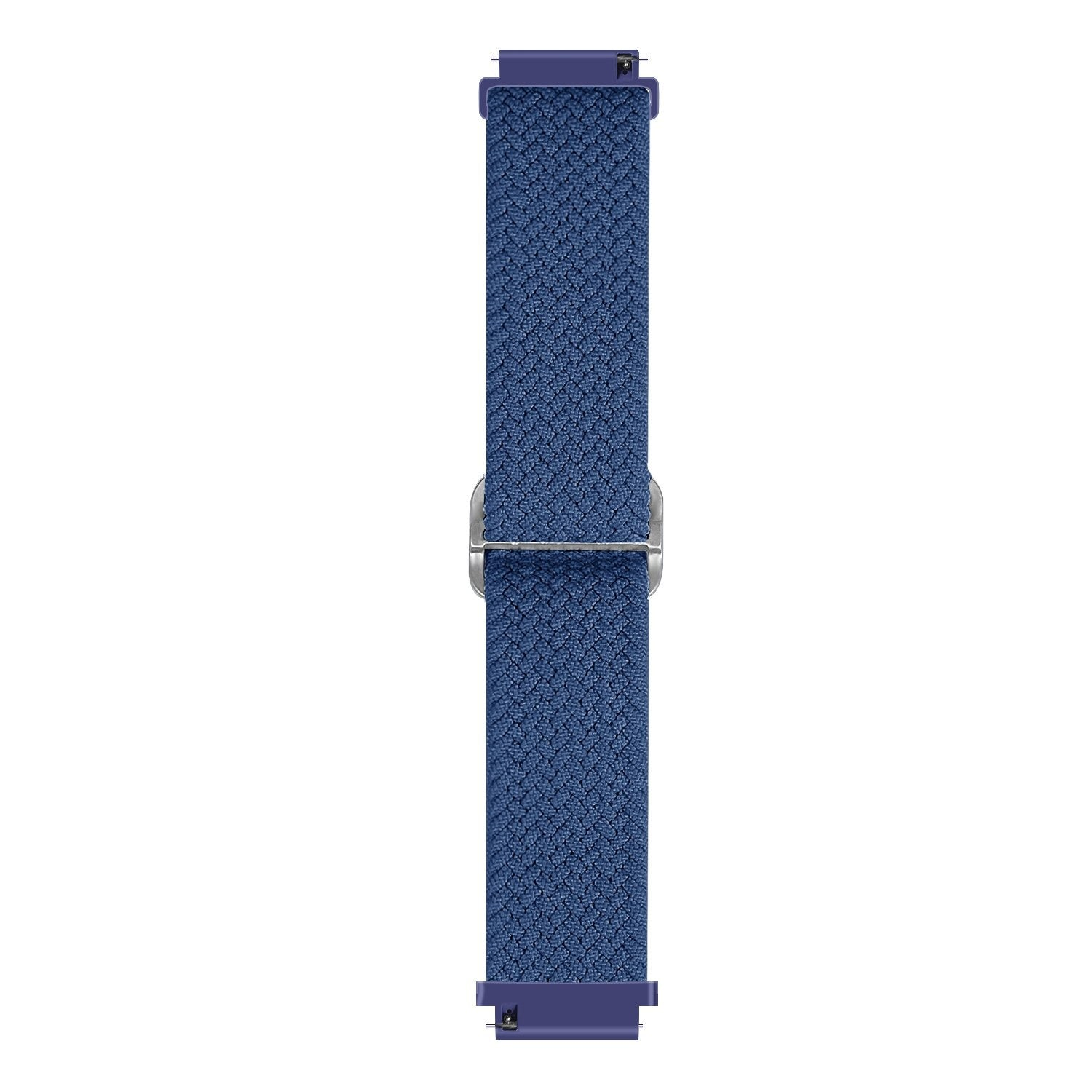 Ein blaues Uhrenarmband. Der Riemen besteht aus gewebtem Material. In der Mitte befindet sich eine silberne Schnalle. Die Enden sind dunkelblau.