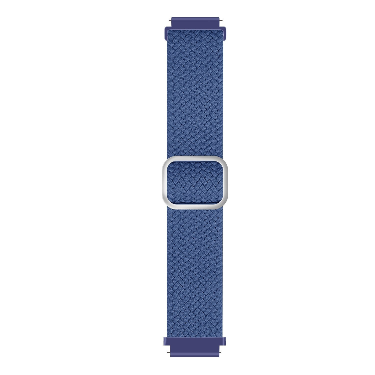Ein blau gewebtes Uhrenarmband mit silberner Schnalle. Das Band ist vertikal auf weißem Grund zentriert. Das Band hat dunkelblaue Enden.