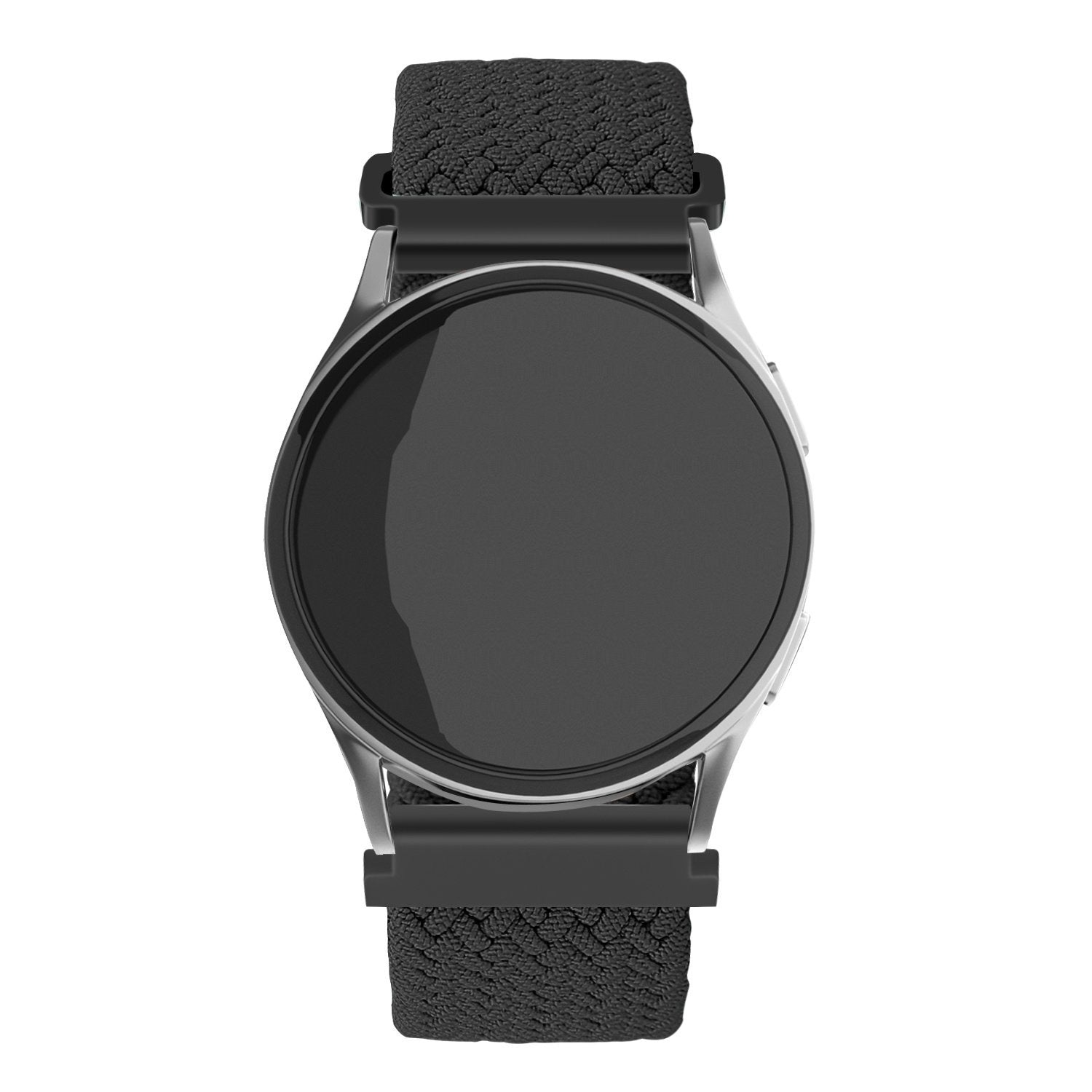 Eine runde Smartwatch mit schwarzem Bildschirm und schwarzem Stoffarmband. Die Uhr hat einen silberfarbenen Rahmen.