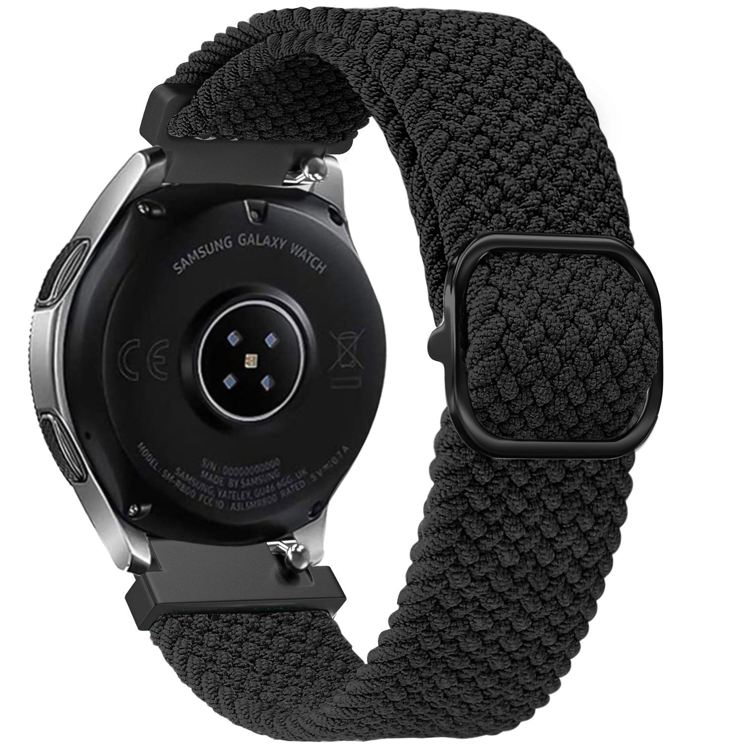 Eine Samsung Galaxy Watch mit einem schwarzen gewebten Armband. Das Zifferblatt ist schwarz und das Armband ist mit schwarzen Schnallen verbunden.