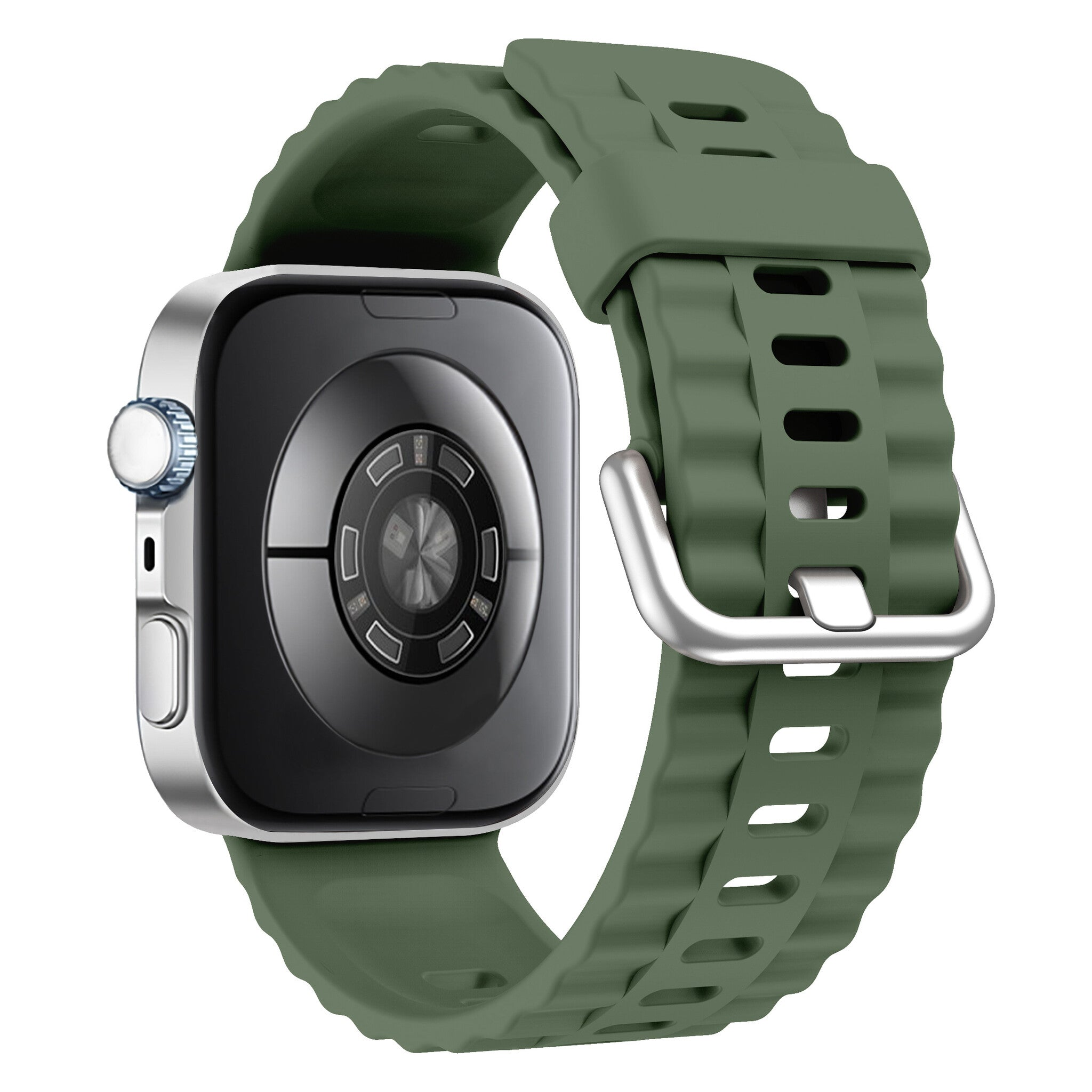 Eine grüne Smartwatch mit passendem grünen Armband und silberner Schnalle, vor weißem Hintergrund.