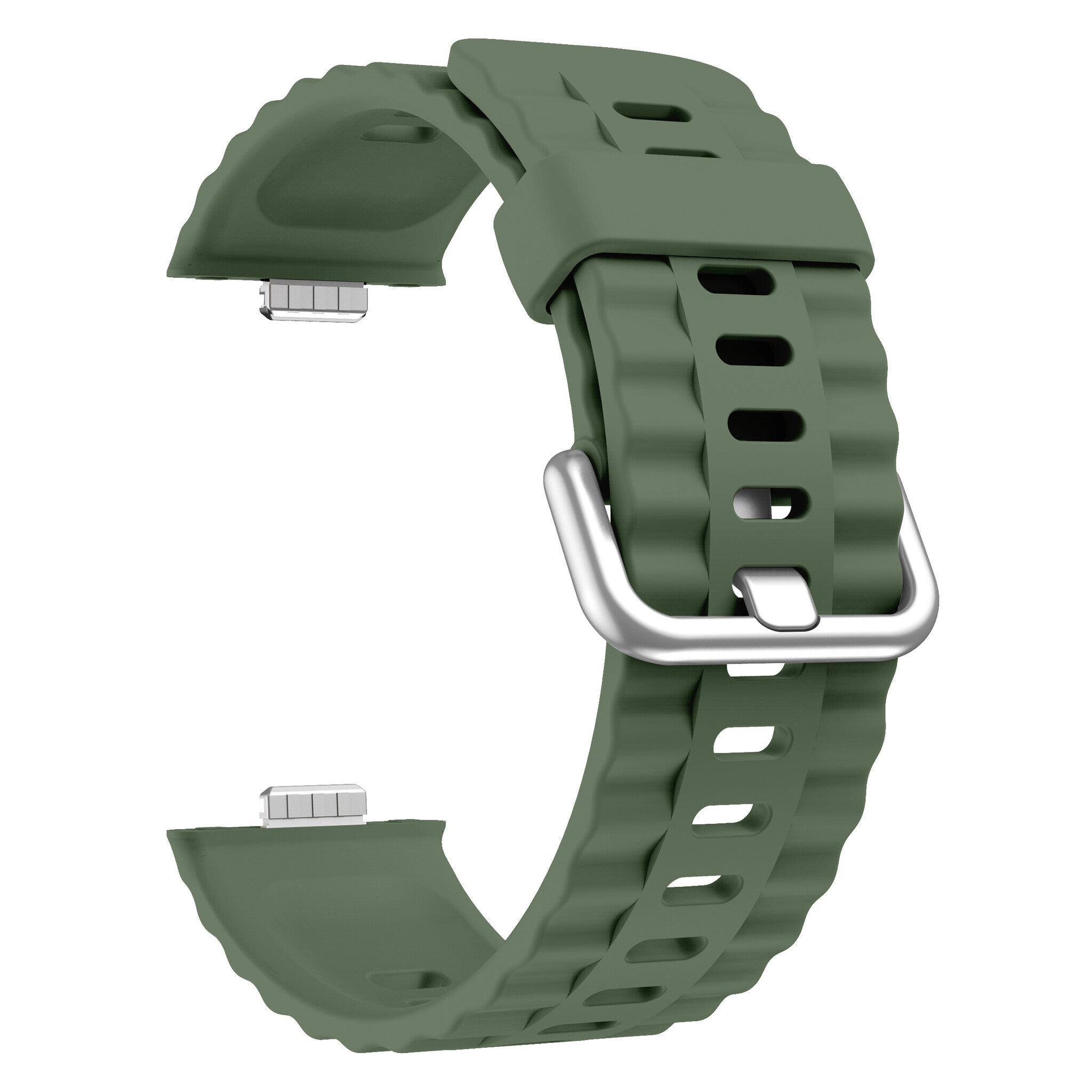 Ein olivgrünes Uhrenarmband. Es hat ein geriffeltes Design und eine silberne Schnalle. Der Hintergrund ist weiß.