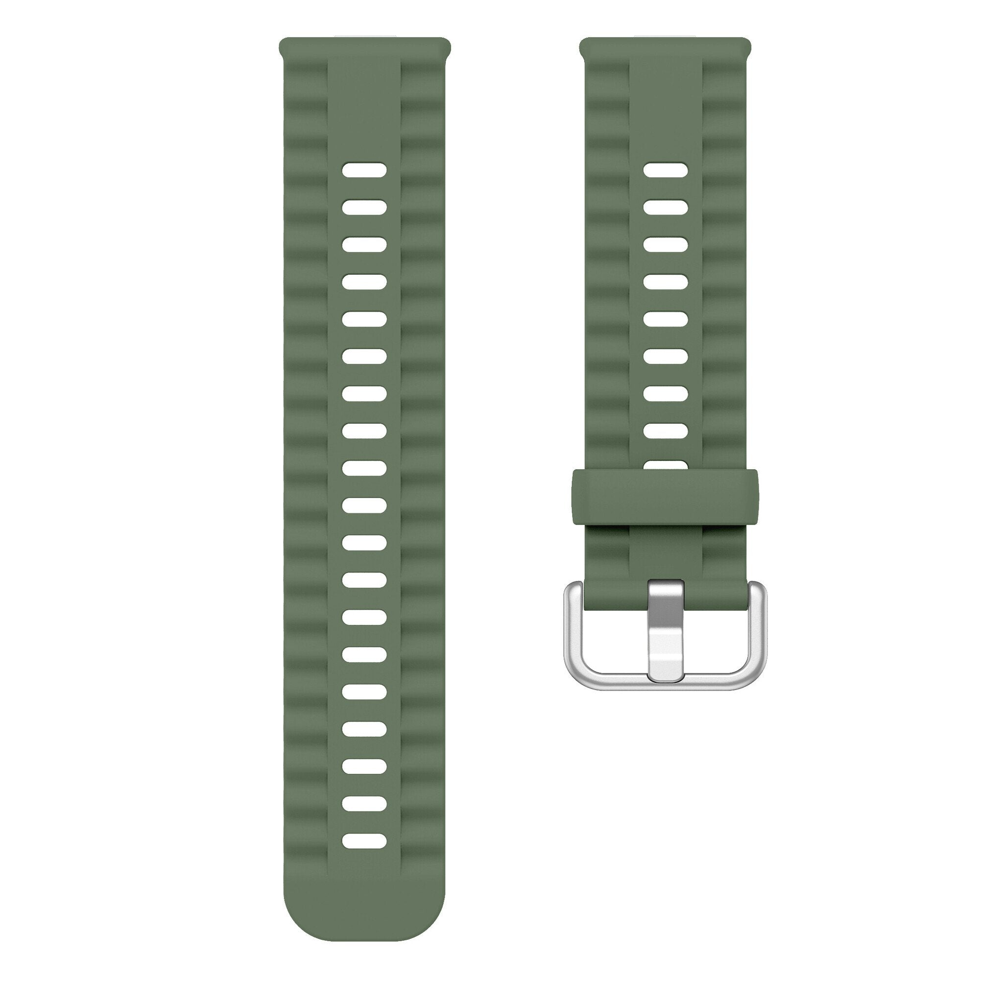 Olivgrüne Armbanduhren. Eine hat eine Schnalle. Beide haben Rillen und Löcher zur Einstellung. Weißer Hintergrund.