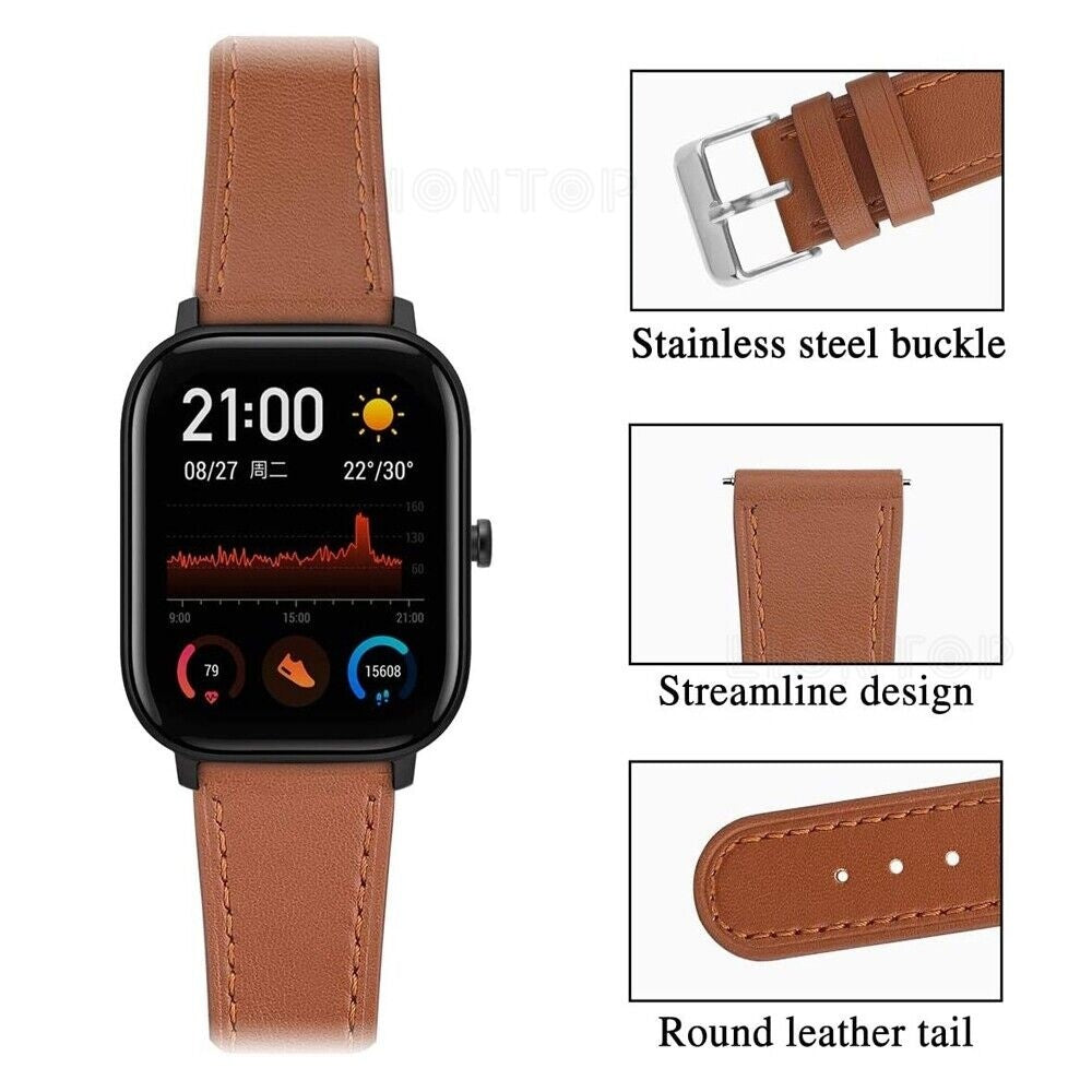 Eine Smartwatch mit braunem Lederarmband, die Uhrzeit, Datum und Aktivitätsdaten anzeigt. Details zu Schnalle, Design und Ende sind sichtbar.