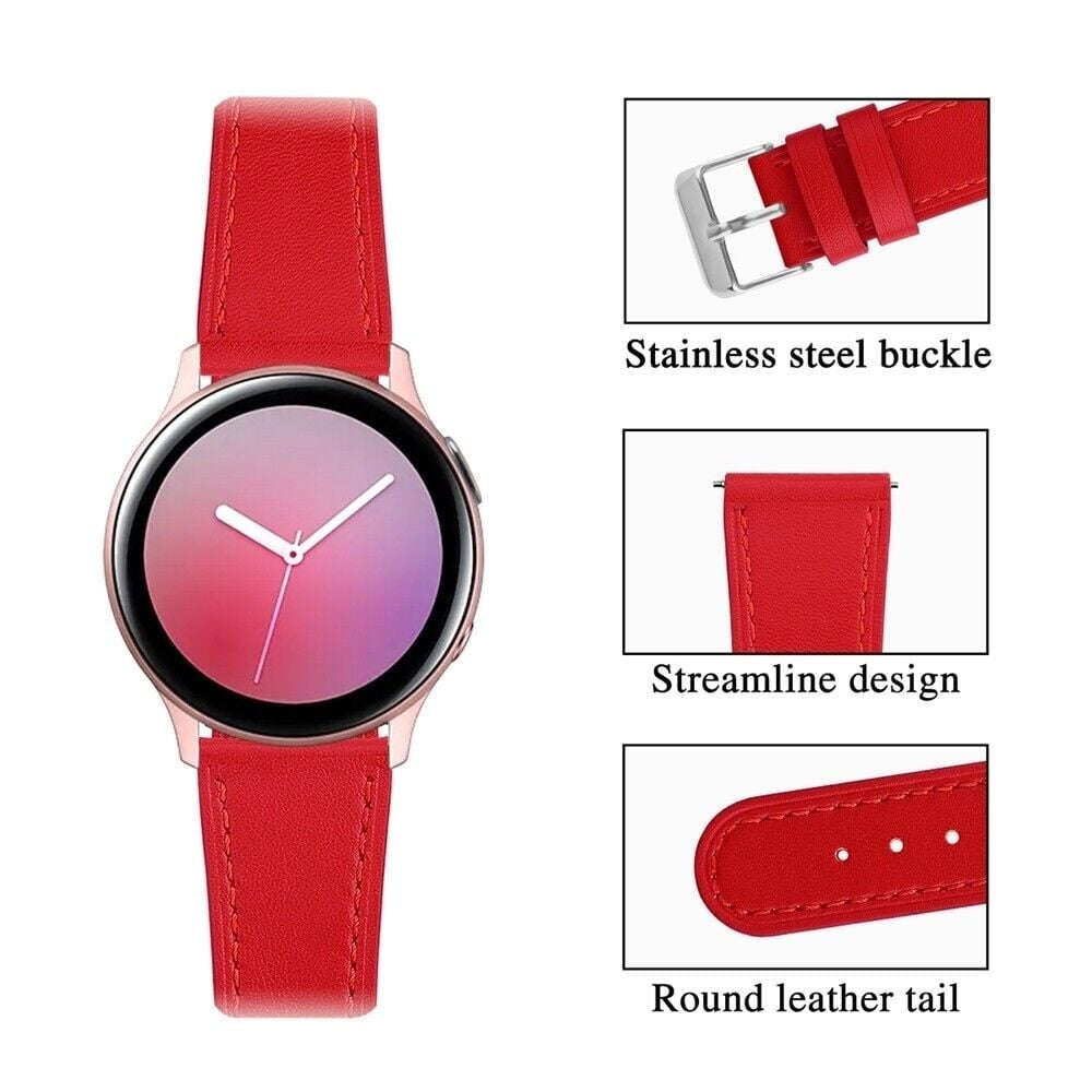 Eine rote Smartwatch mit rundem Zifferblatt und rotem Lederarmband. Details zeigen Schnalle, Design und Ende.