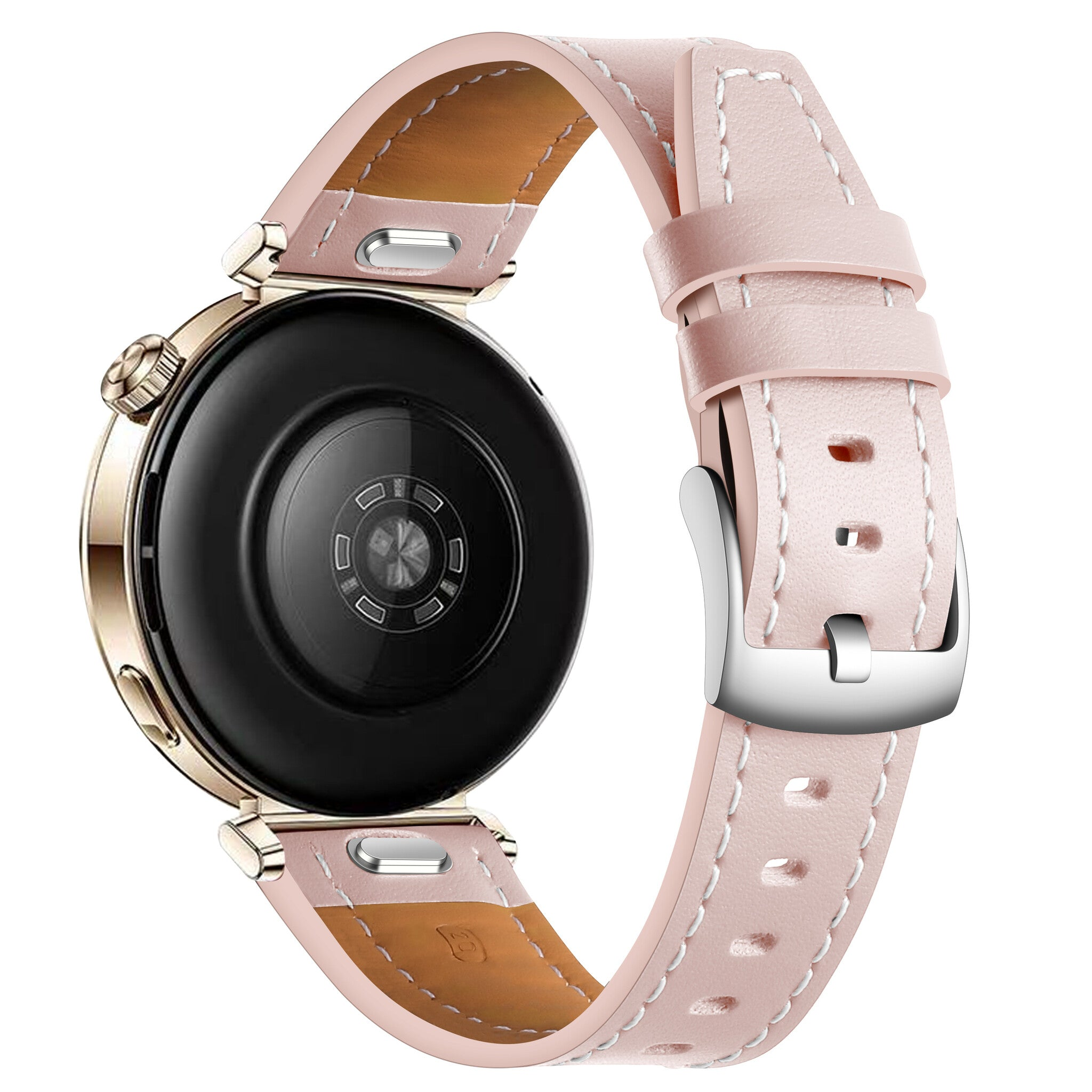Eine goldene Smartwatch mit rosa Lederarmband. Die Uhr wird von hinten betrachtet, wobei die Sensoren und Armbanddetails zu sehen sind.