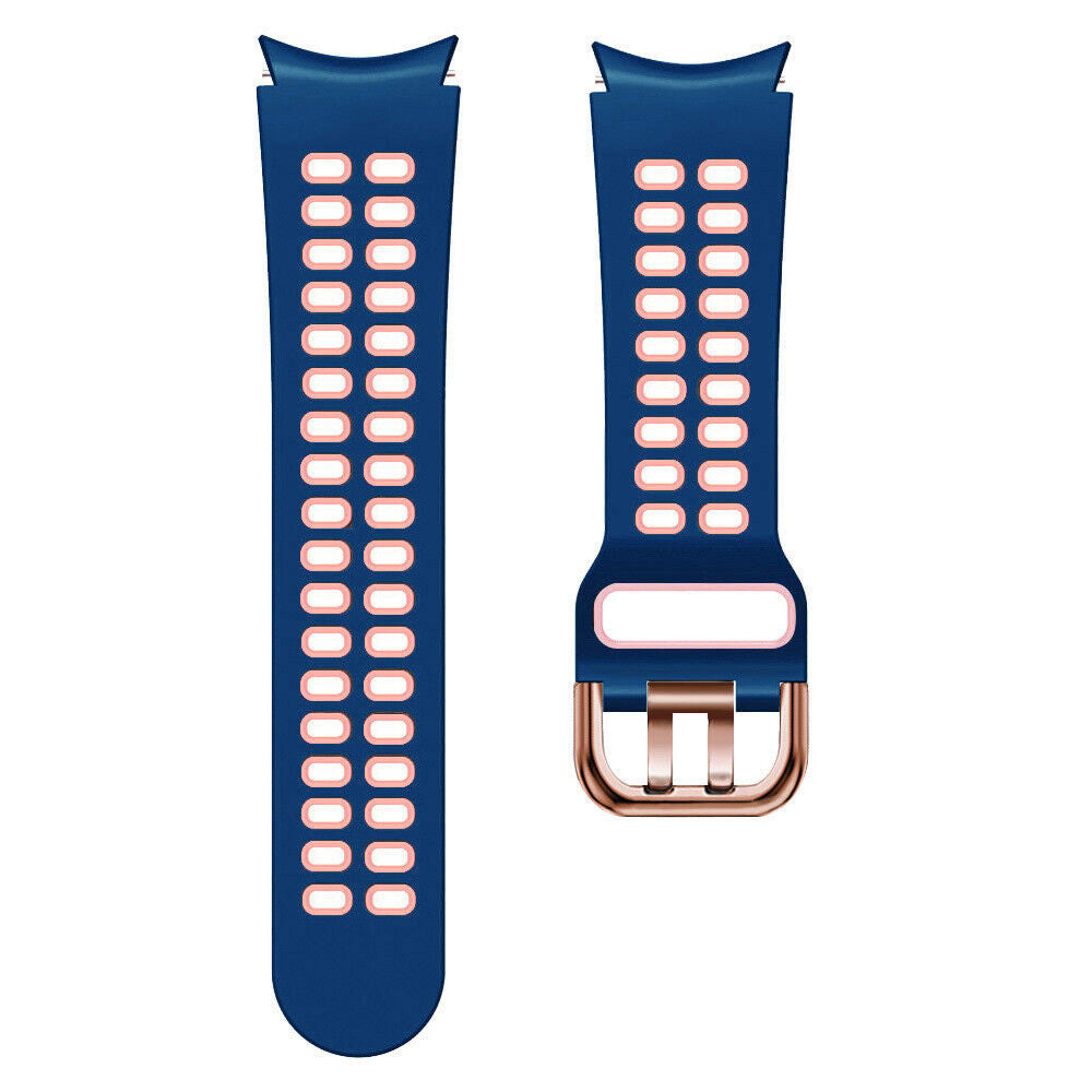 Zwei marineblaue Uhrenarmbänder mit rosa Akzenten und einer roségoldenen Schließe. Die Armbänder sind mit ovalen Löchern perforiert.
