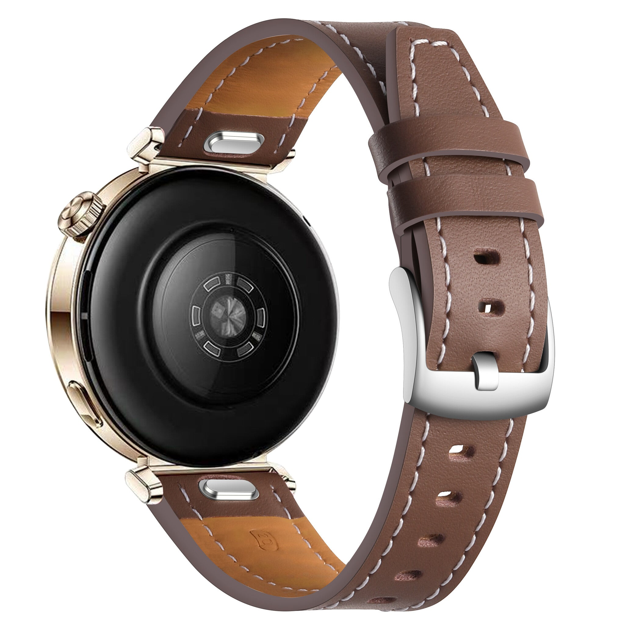 Ein braunes Lederarmband mit weißen Nähten ist an einer goldenen Uhr befestigt. Die Uhr hat einen schwarzen Rücken und befindet sich auf weißem Hintergrund.