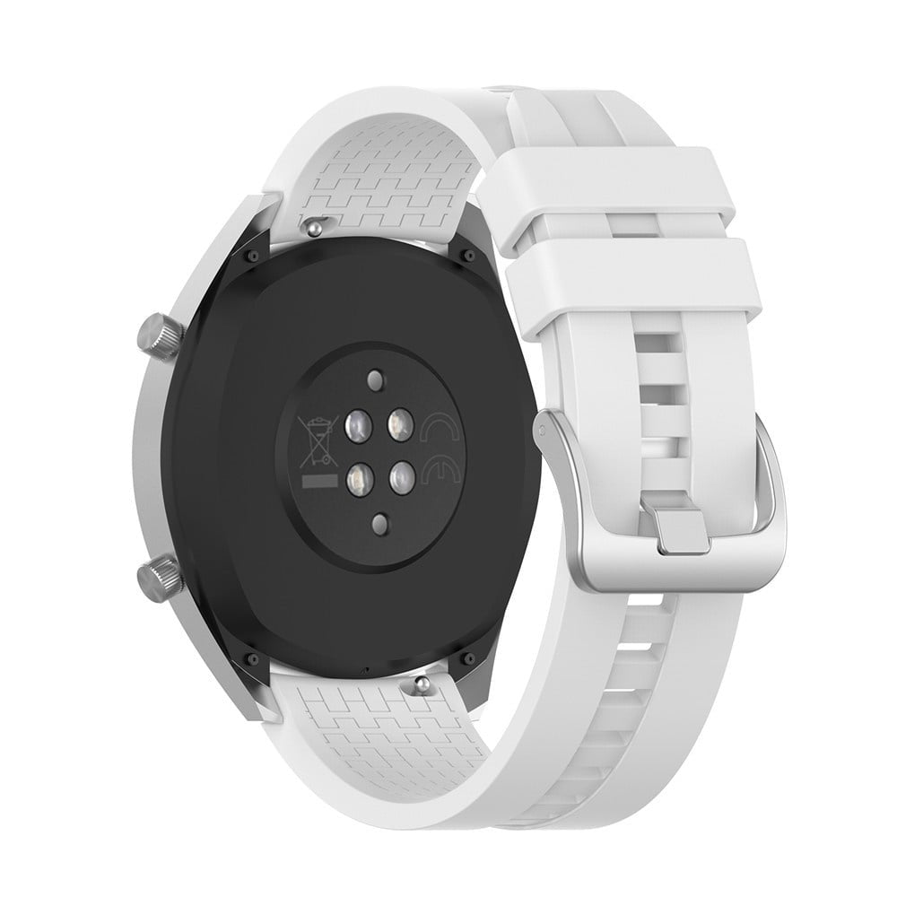 Eine weiße Smartwatch mit schwarzer Rückseite. Das Armband ist weiß. Die Rückseite hat Sensoren und Regulierungssymbole.