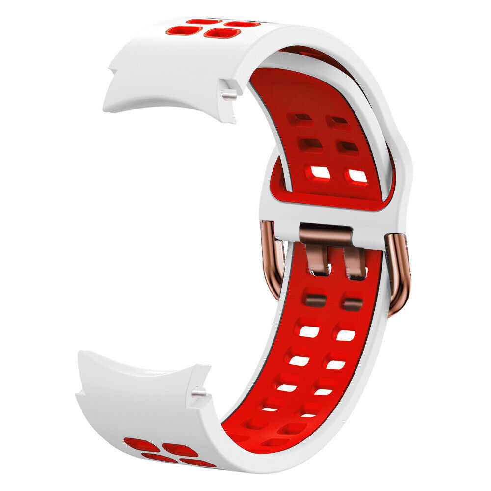 Weiß-rotes Uhrenarmband. Das Band hat eine weiße Außenseite und eine rote Innenseite mit Belüftungslöchern. Ein metallischer Verschluss sichert das Band.