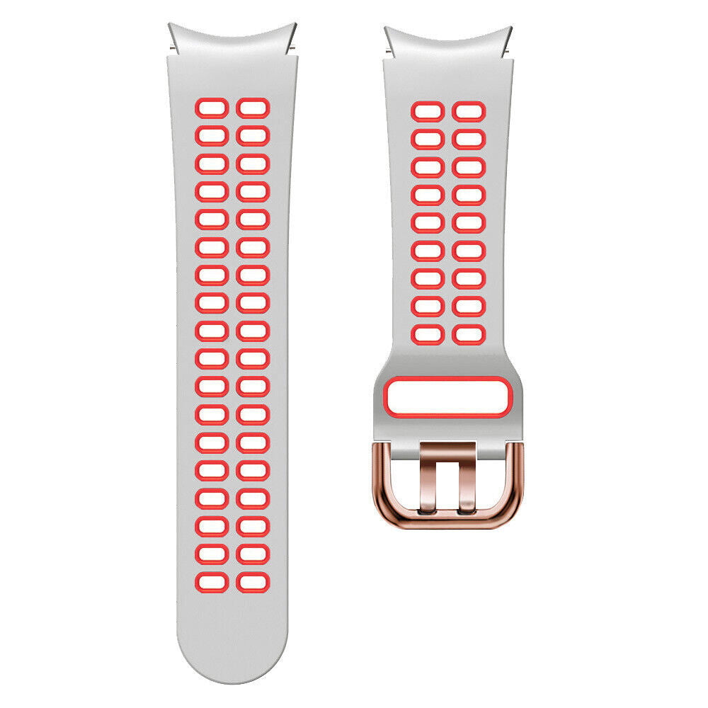 Zwei Uhrenarmbänder auf weißem Hintergrund. Sie sind grau mit roten Akzenten. Ein Armband hat eine Schnalle.