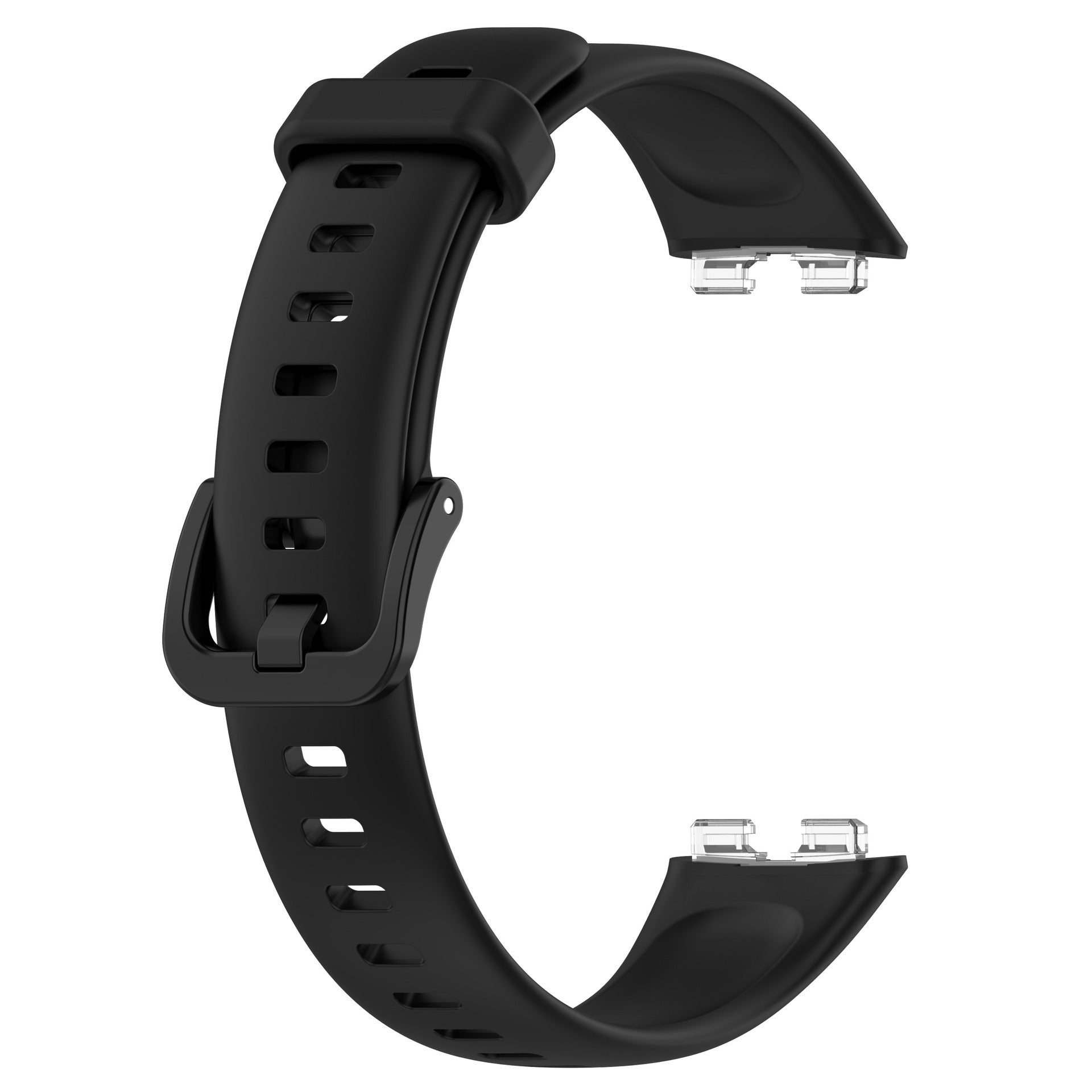 Ein schwarzes Uhrenarmband vor weißem Hintergrund. Es hat Löcher und einen Verschluss zur sicheren Befestigung.