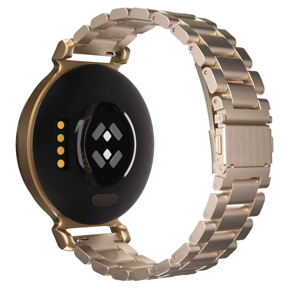 Goldene Smartwatch mit schwarzer Rückseite. Die Uhr hat ein goldenes Armband. Auf der Rückseite Sensoren und Ladepunkte.