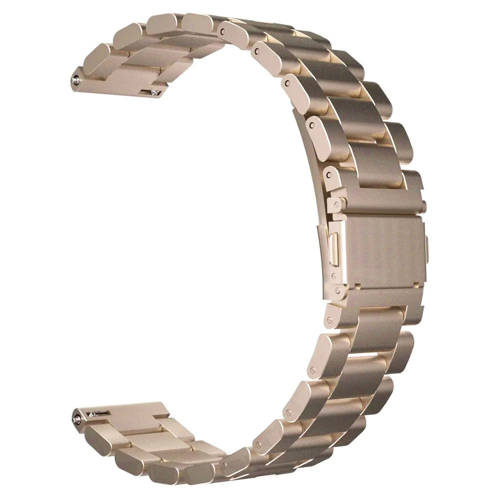 Ein gebogenes, goldfarbenes Uhrenarmband aus Metallgliedern. Das Armband ist offen und scheint bereit zu sein, an einer Uhr befestigt zu werden.
