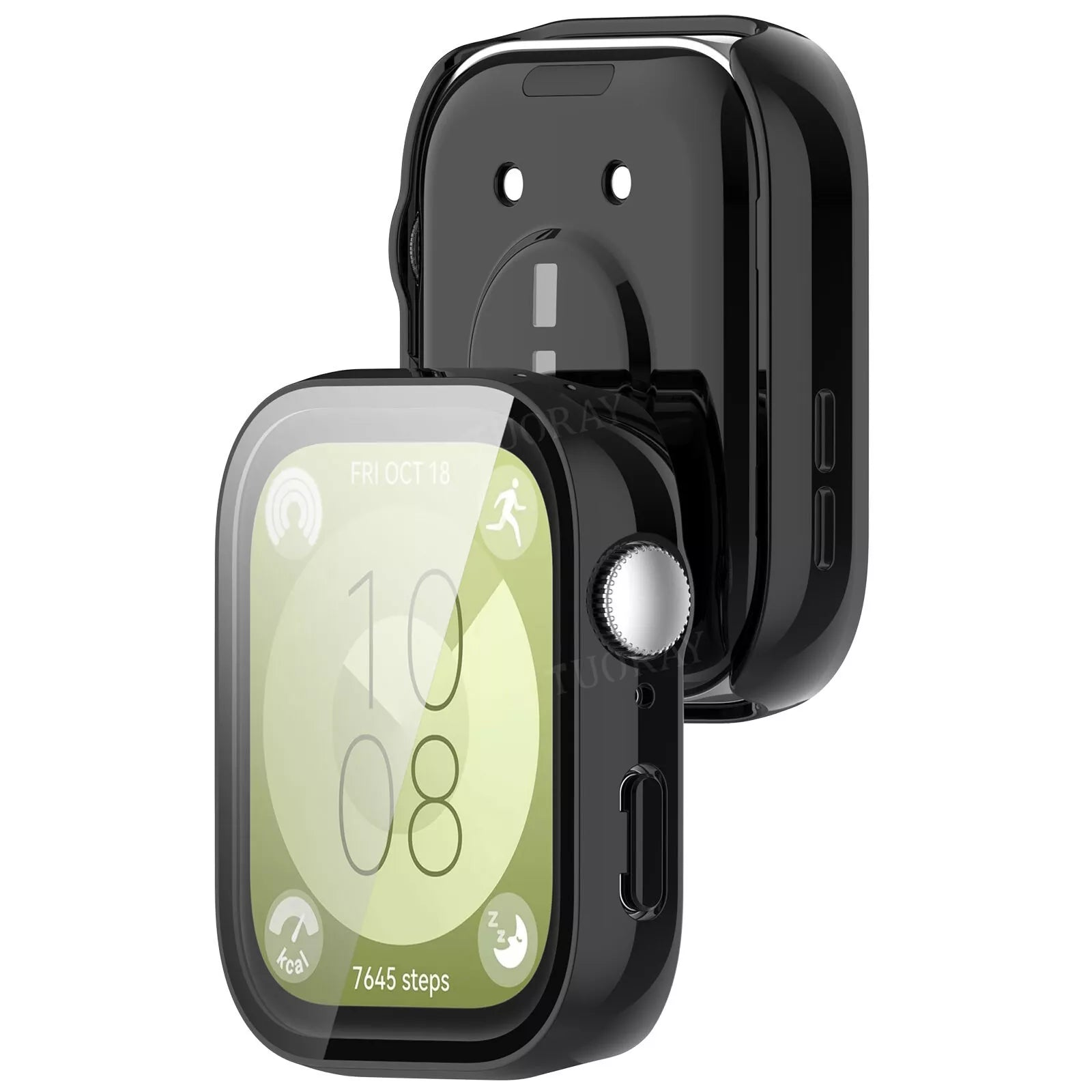 Schwarze Smartwatch mit Schutzhülle. Der Bildschirm zeigt Datum, Uhrzeit und Schritte an. Glänzendes schwarzes Gehäuse. Weißer Hintergrund.