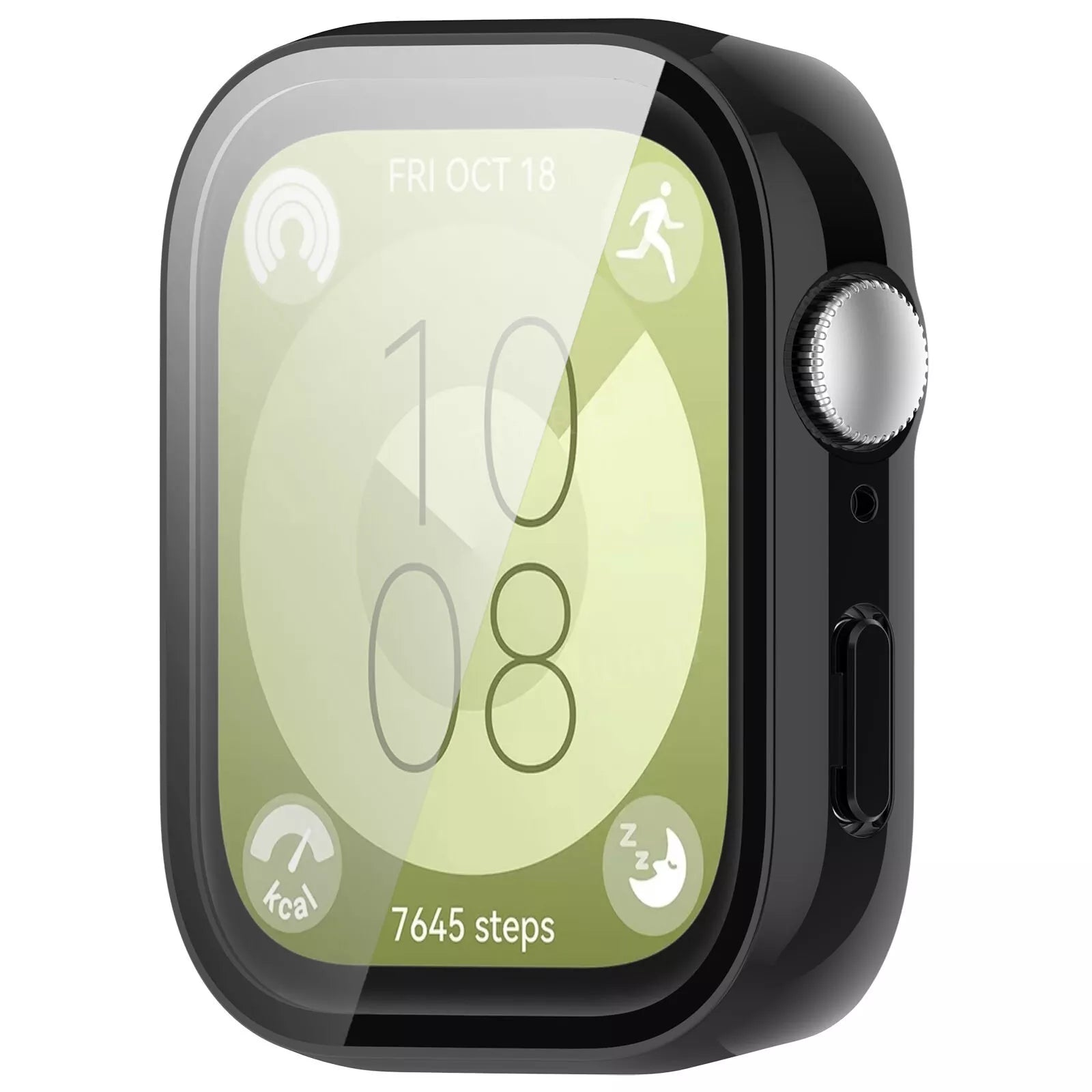 Schwarze Smartwatch mit Bildschirm, der Zeit, Datum, Schrittzahl und Aktivitätssymbole anzeigt. Hat einen silbernen Knopf.