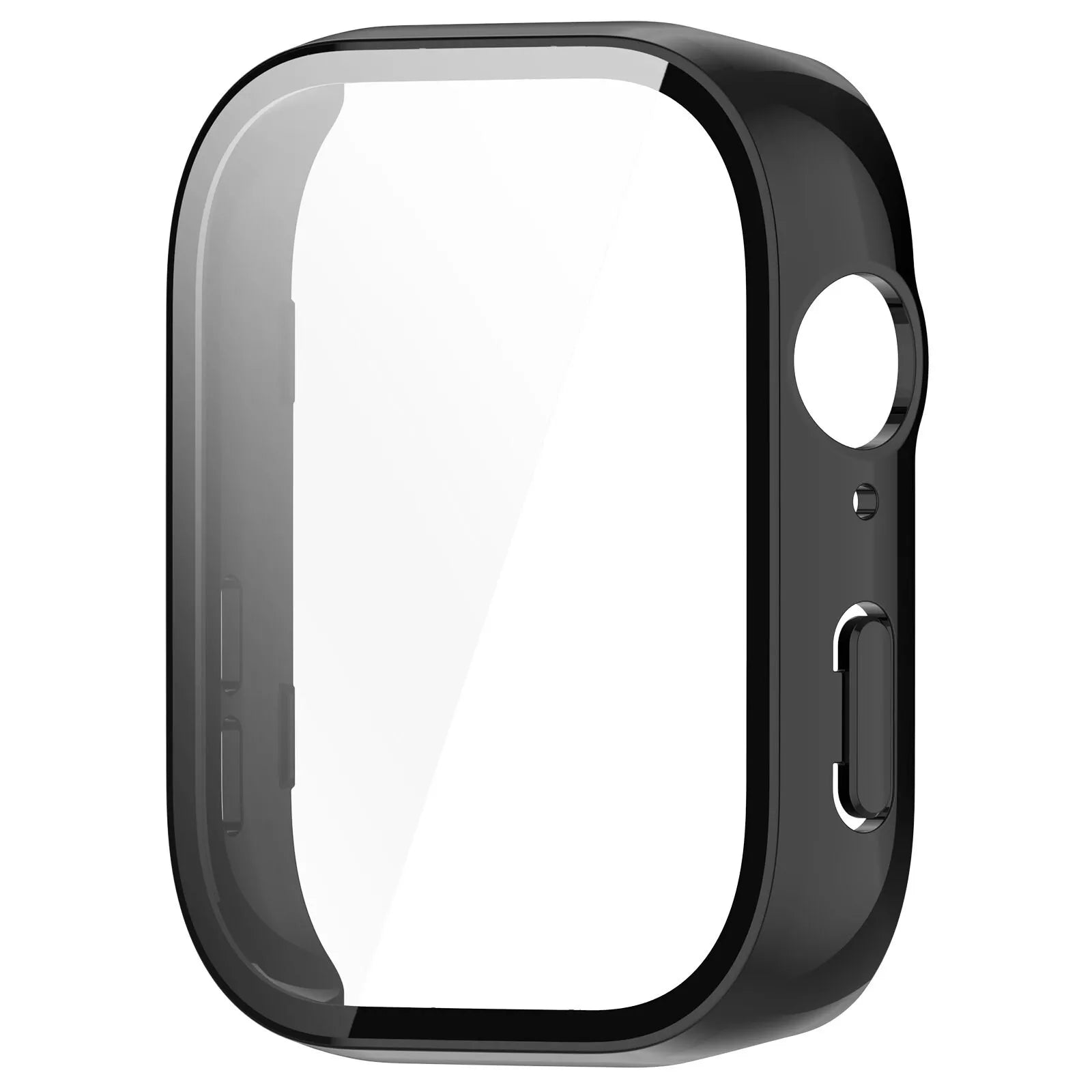 Eine schwarze Apple Watch-Hülle mit klarem Bildschirm ist zentriert. Sie hat Knopfaussparungen und ein geschwungenes Design.