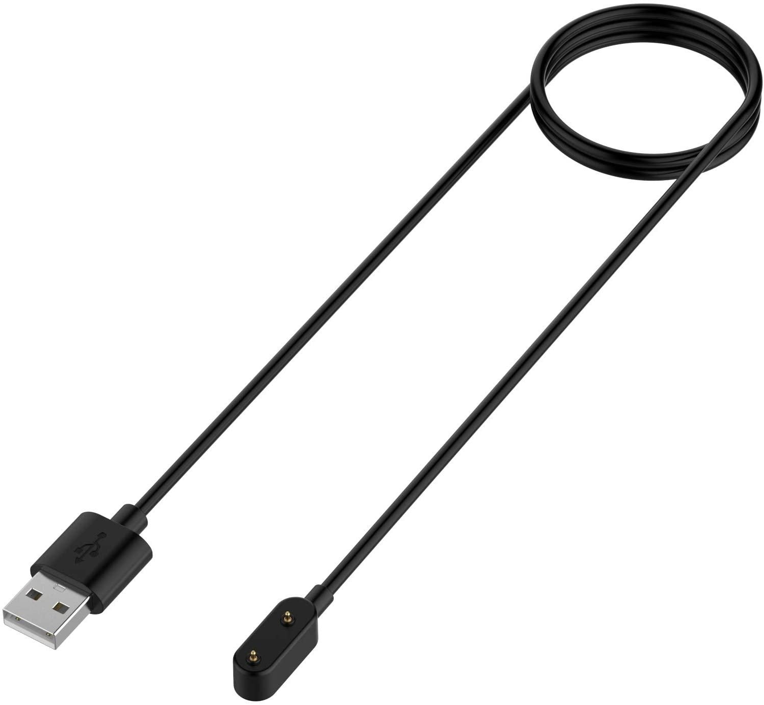 Schwarzes Ladekabel auf weißem Hintergrund. USB-Anschluss an einem Ende, magnetisches Ladegerät am anderen. Kabel aufgerollt.