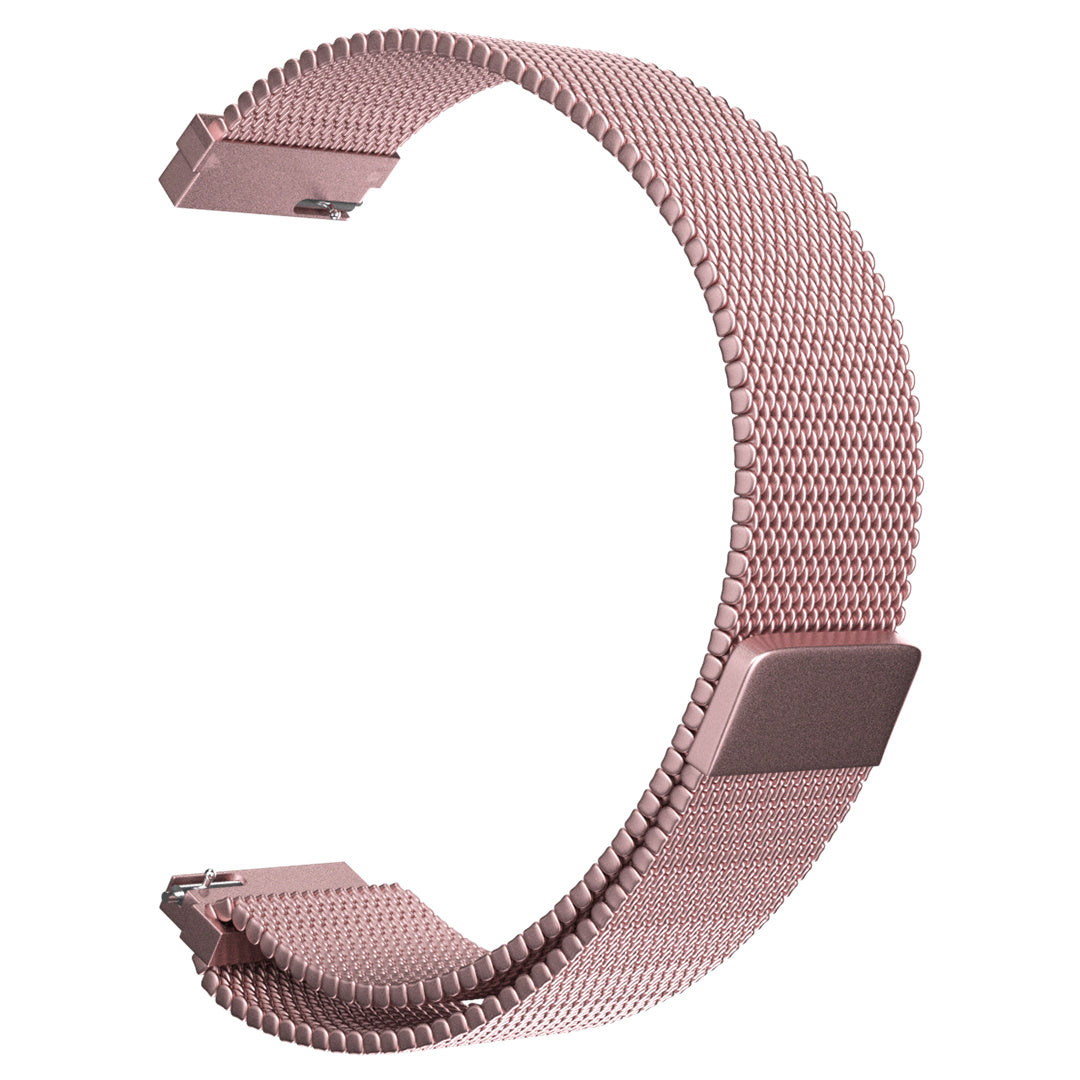 Ein roségoldenes Metall-Uhrenarmband, Mesh-Design. Das Band bildet eine C-Form. Die Anschlüsse und der Verschluss sind aus massivem Roségold.