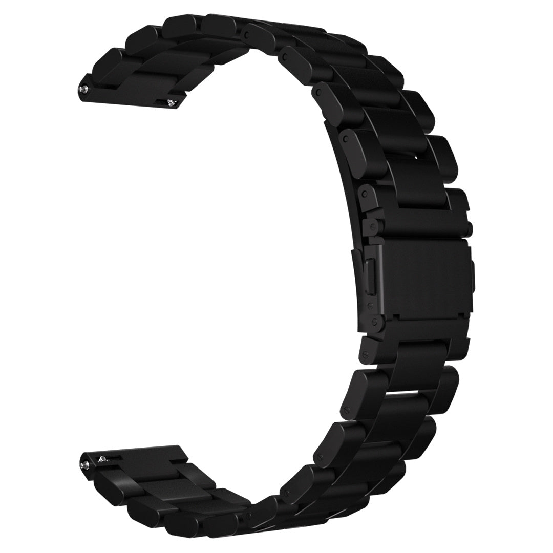 Ein schwarzes, gebogenes Uhrenarmband aus verbundenen Metallsegmenten mit einem Verschluss in der Mitte und Anschlüssen an beiden Enden.