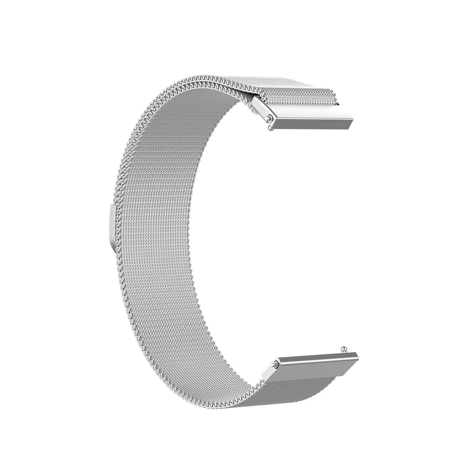 Ein silbernes Uhrenarmband aus Mesh, in C-Form, vor weißem Hintergrund. Das Band hat an jedem Ende einen Verschluss.