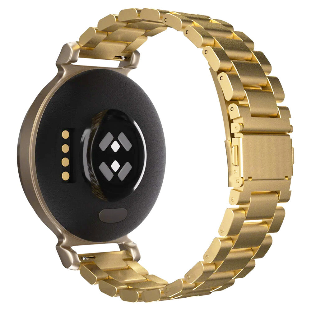 Eine goldene Smartwatch mit schwarzer Rückseite. Das Armband ist golden. Die Rückseite hat Sensoren und Ladepunkte.