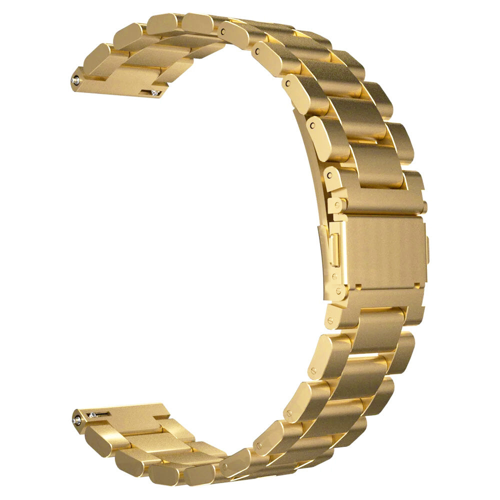 Ein goldfarbenes Uhrenarmband, das sich in einem Bogen krümmt. Es besteht aus rechteckigen Gliedern und einem Verschluss. Der Hintergrund ist weiß.