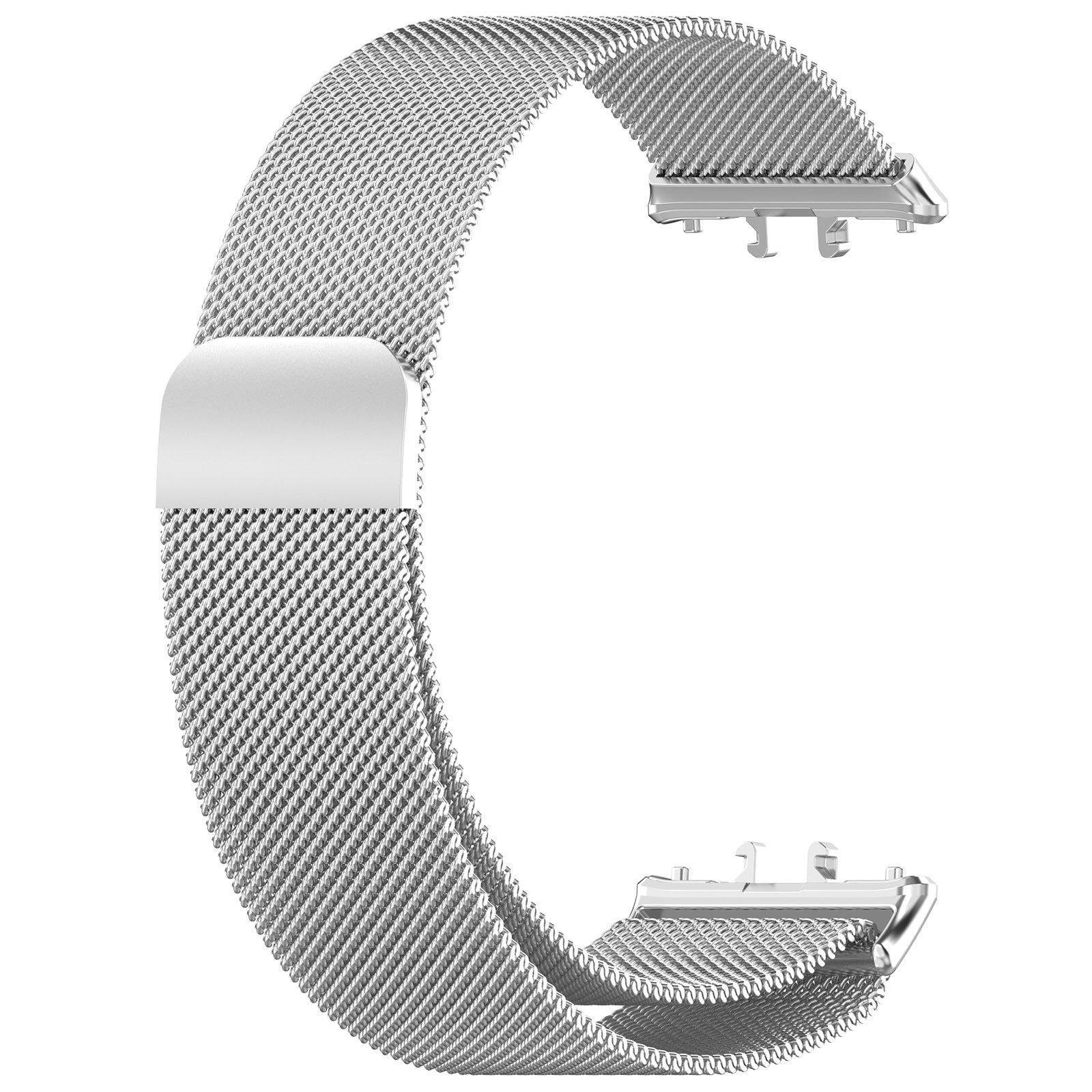 Ein silbernes Uhrenarmband auf weißem Hintergrund. Das Armband besteht aus einem Mesh-Material und hat einen Magnetverschluss.