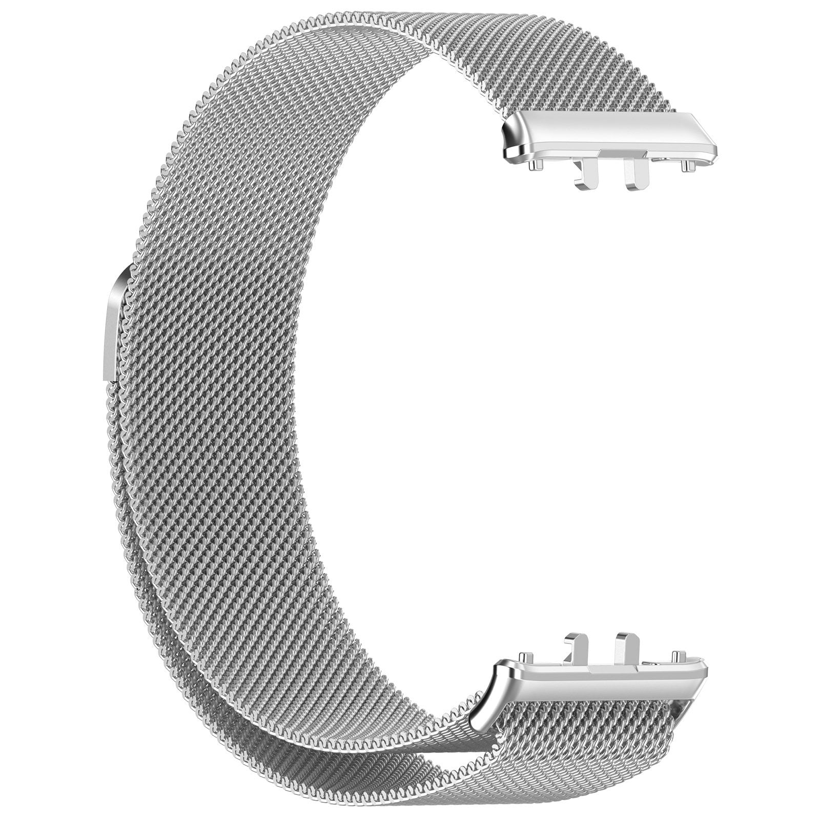 Ein silbernes Metall-Uhrenarmband. Das Band besteht aus einem gewebten Netz. Die Enden haben Verschlüsse zum Befestigen an einer Uhr.