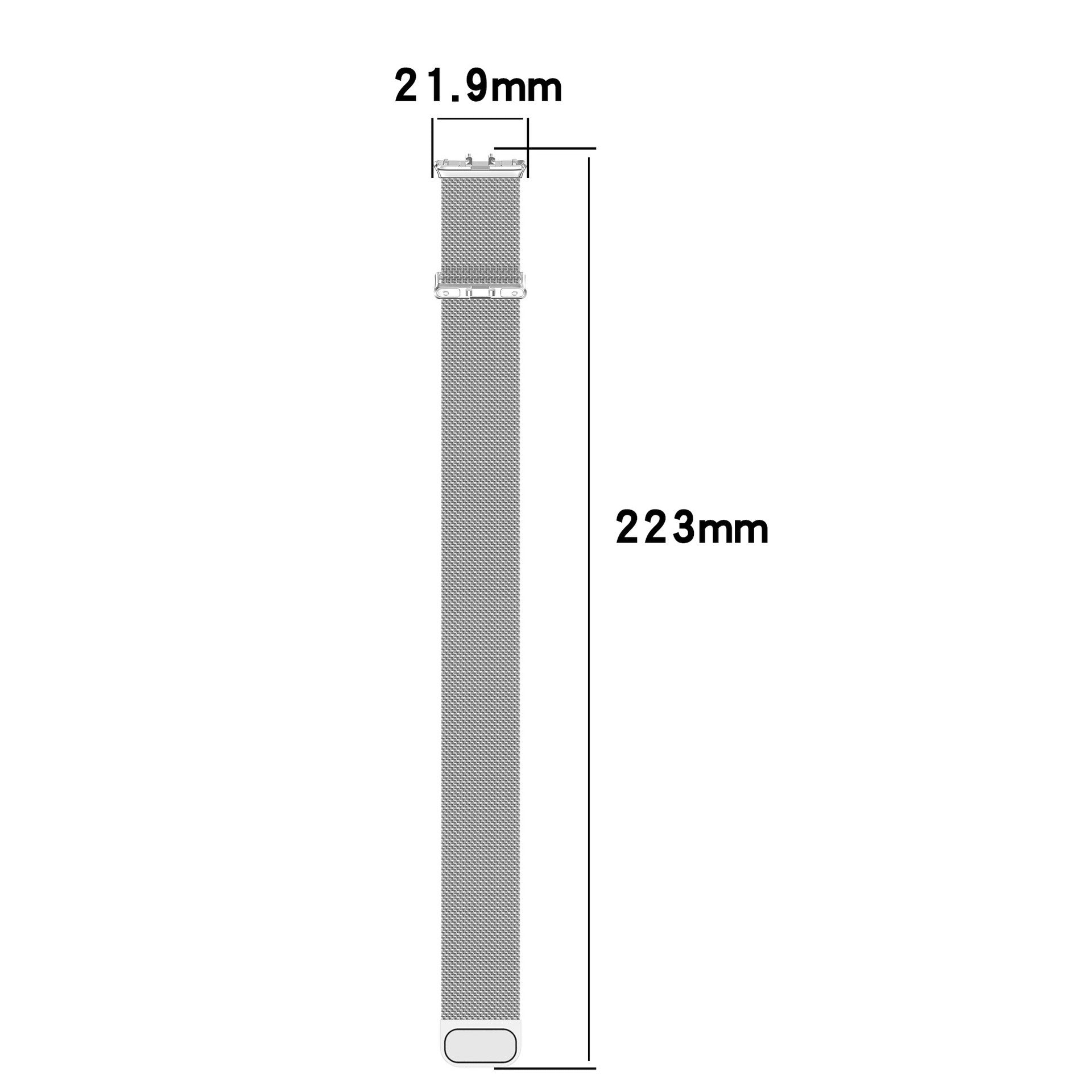 Ein metallisches Uhrenarmband mit den angegebenen Maßen: 21,9 mm Breite und 223 mm Länge. Weißer Hintergrund.